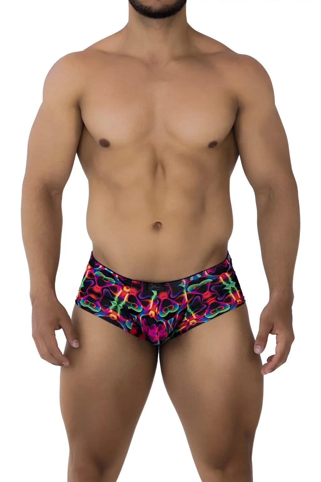 Xtremen 91170 printed trunks in vibrant neon with psychedelic abstract pattern in pink green blue and purple hues