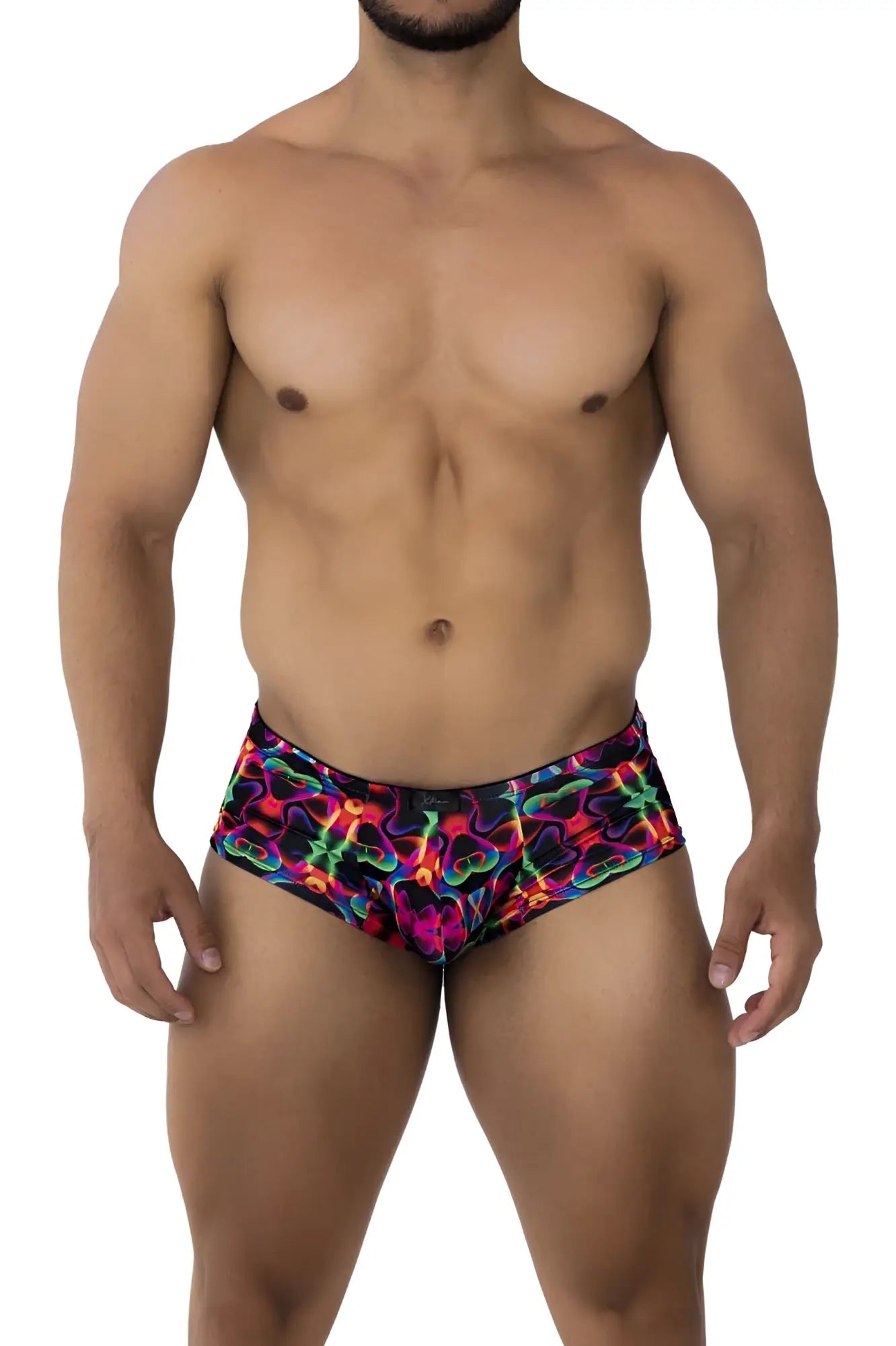 Xtremen 91170 printed trunks in vibrant neon with psychedelic abstract pattern in pink green blue and purple hues