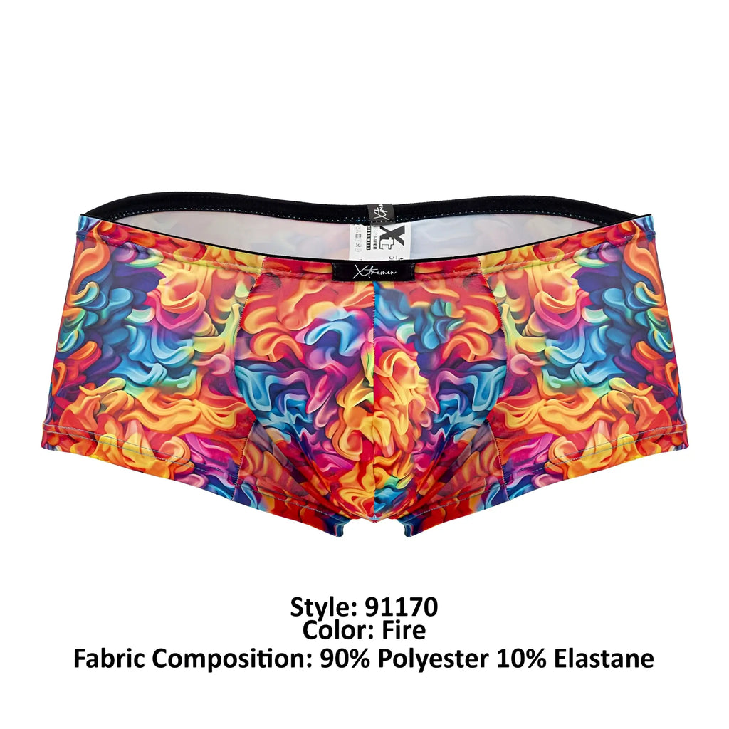Xtremen 91170 printed trunks men’s briefs with vibrant multicolored flame pattern black waistband 90 polyester 10 elastane