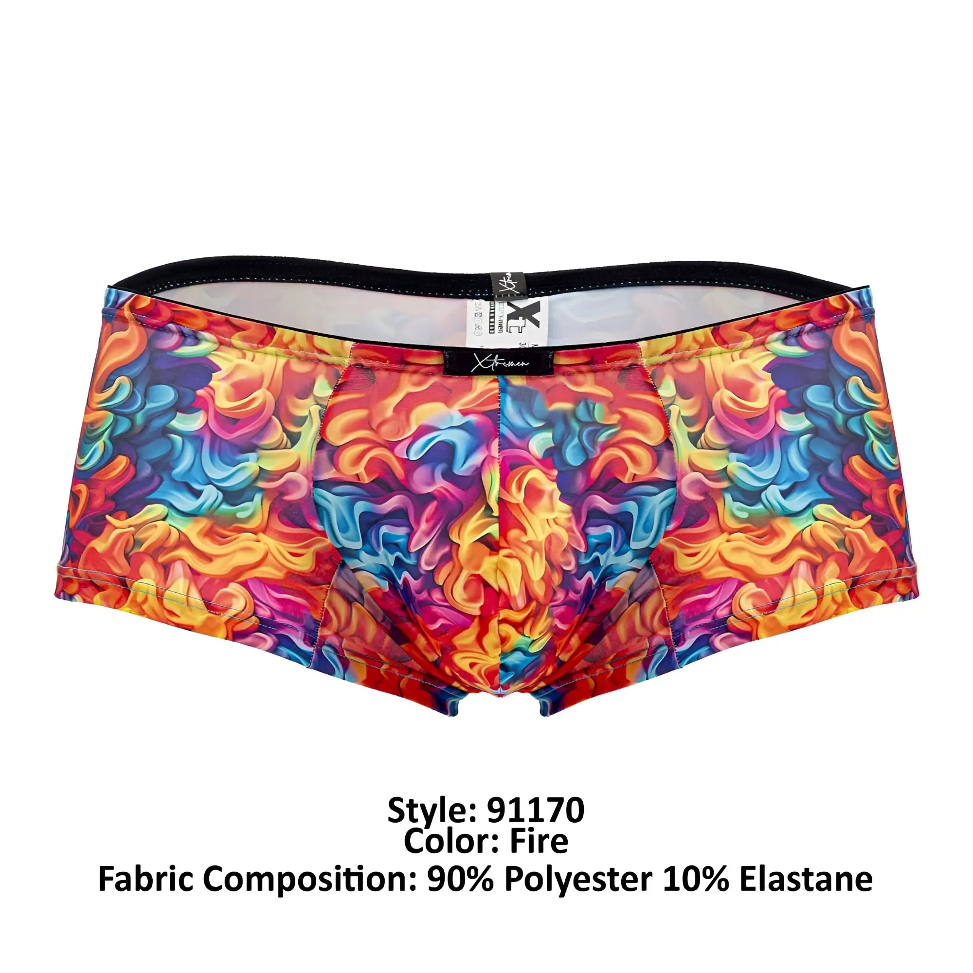 Xtremen 91170 printed trunks men’s briefs with vibrant multicolored flame pattern black waistband 90 polyester 10 elastane