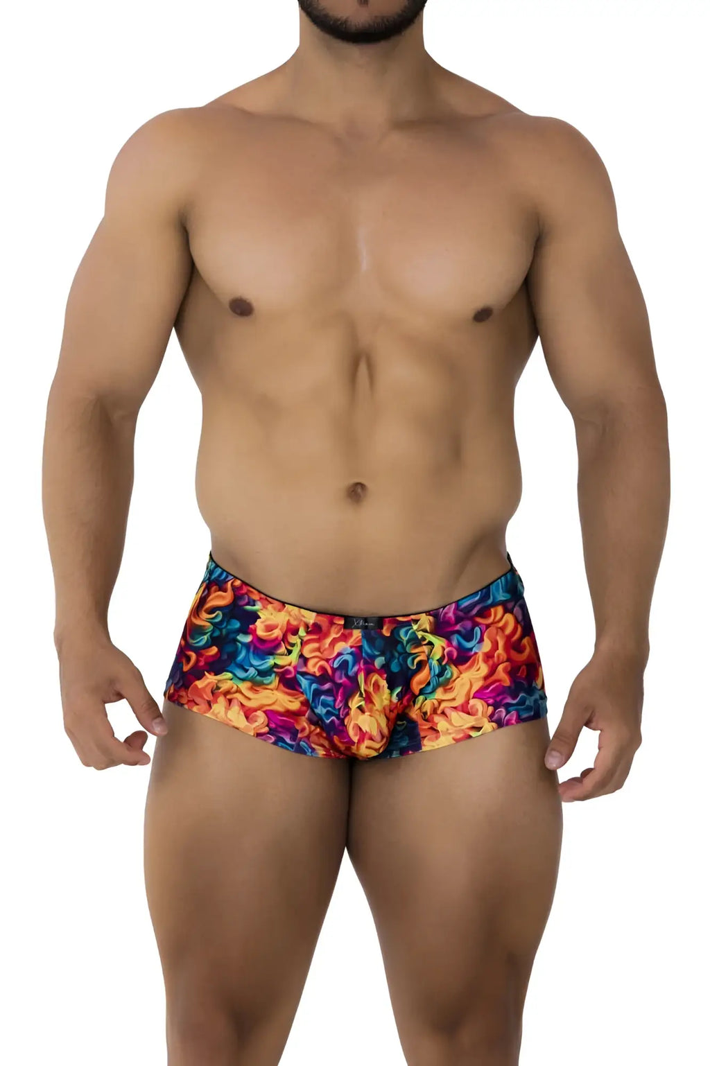 Xtremen 91170 printed trunks vibrant rainbow color with swirling flame pattern ideal for swimwear use
