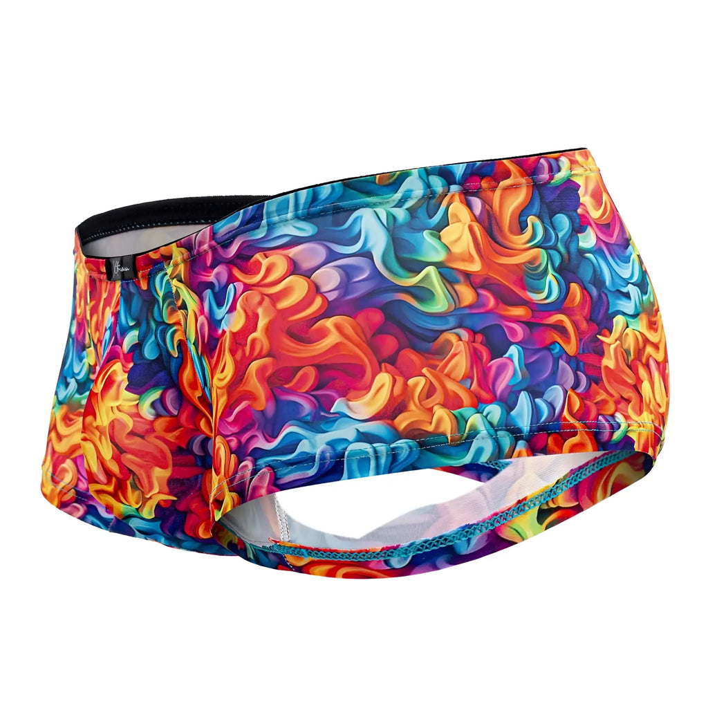 Xtremen 91170 printed trunks fire color vibrant rainbow psychedelic wave pattern swim trunks with black elastic waistband
