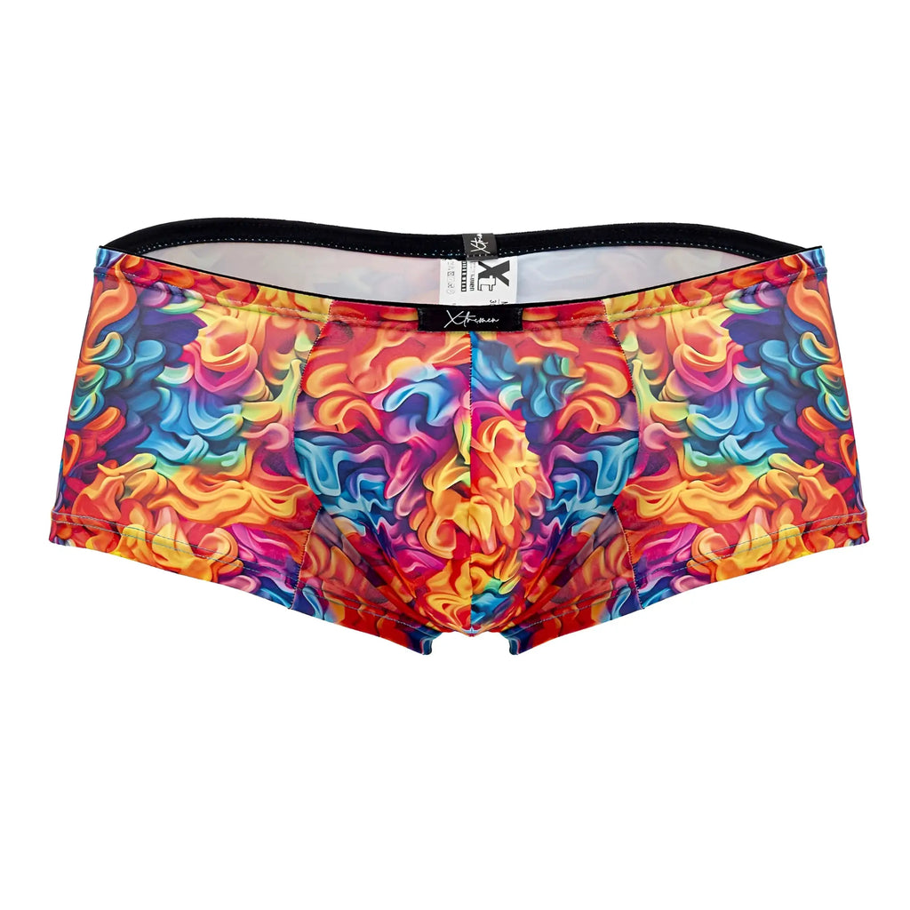 Xtremen 91170 printed trunks men’s briefs with vibrant rainbow swirl pattern and black waistband with x-frame label