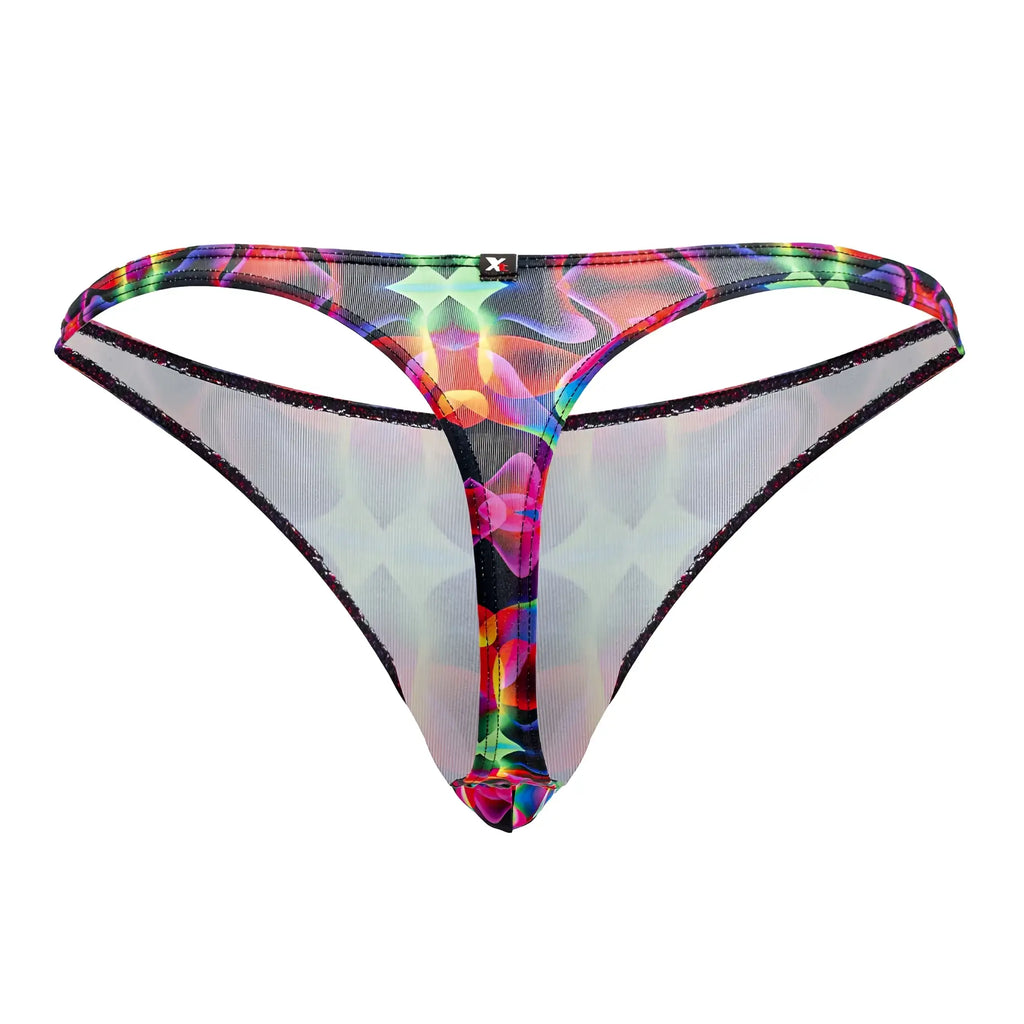 Xtremen 91171 printed thong with vibrant holographic rainbow mesh pattern and black trim front view