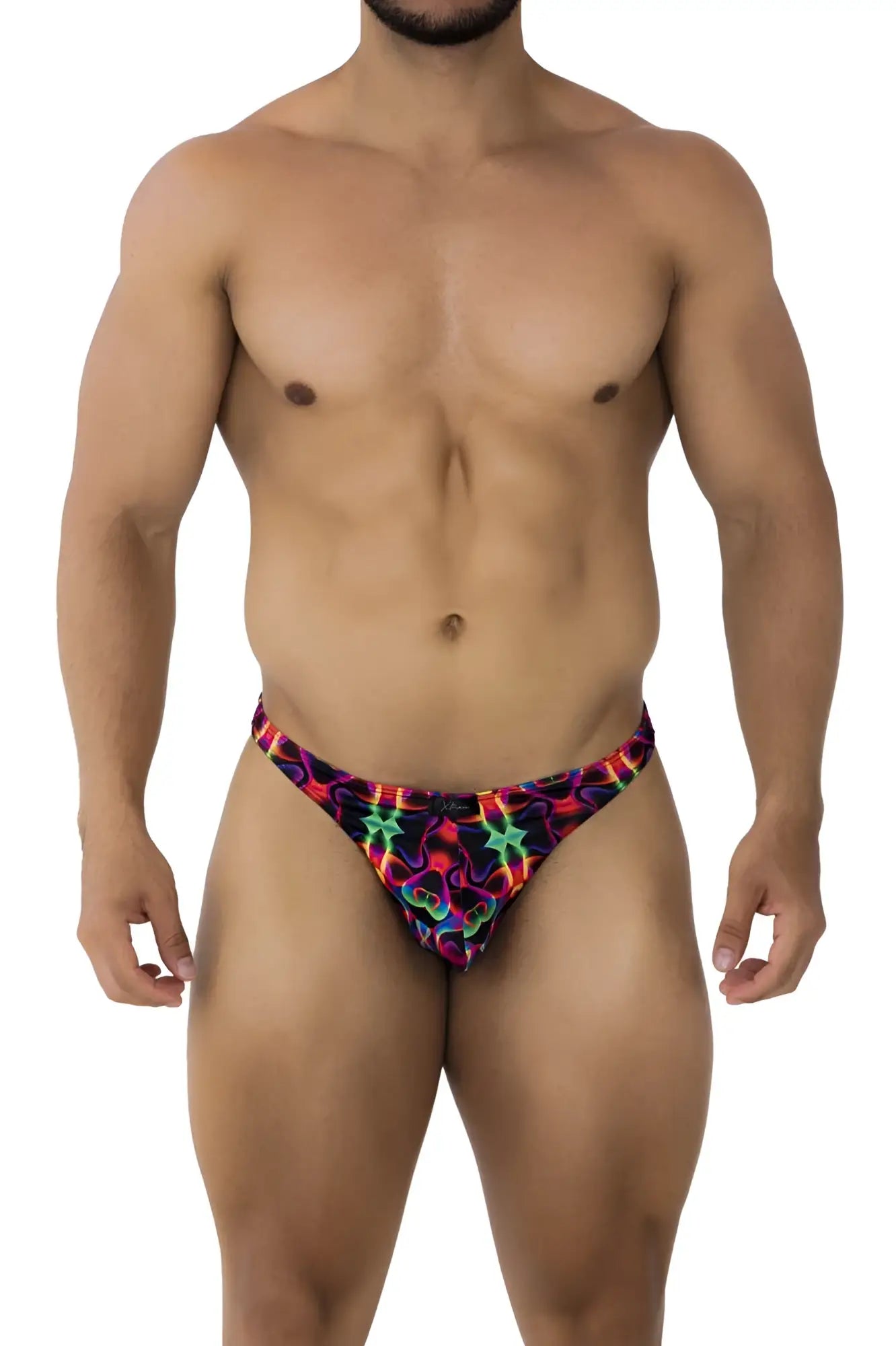 Xtremen 91171 printed thongs vibrant neon swim trunks with bold geometric pattern and glowing star swirl motifs