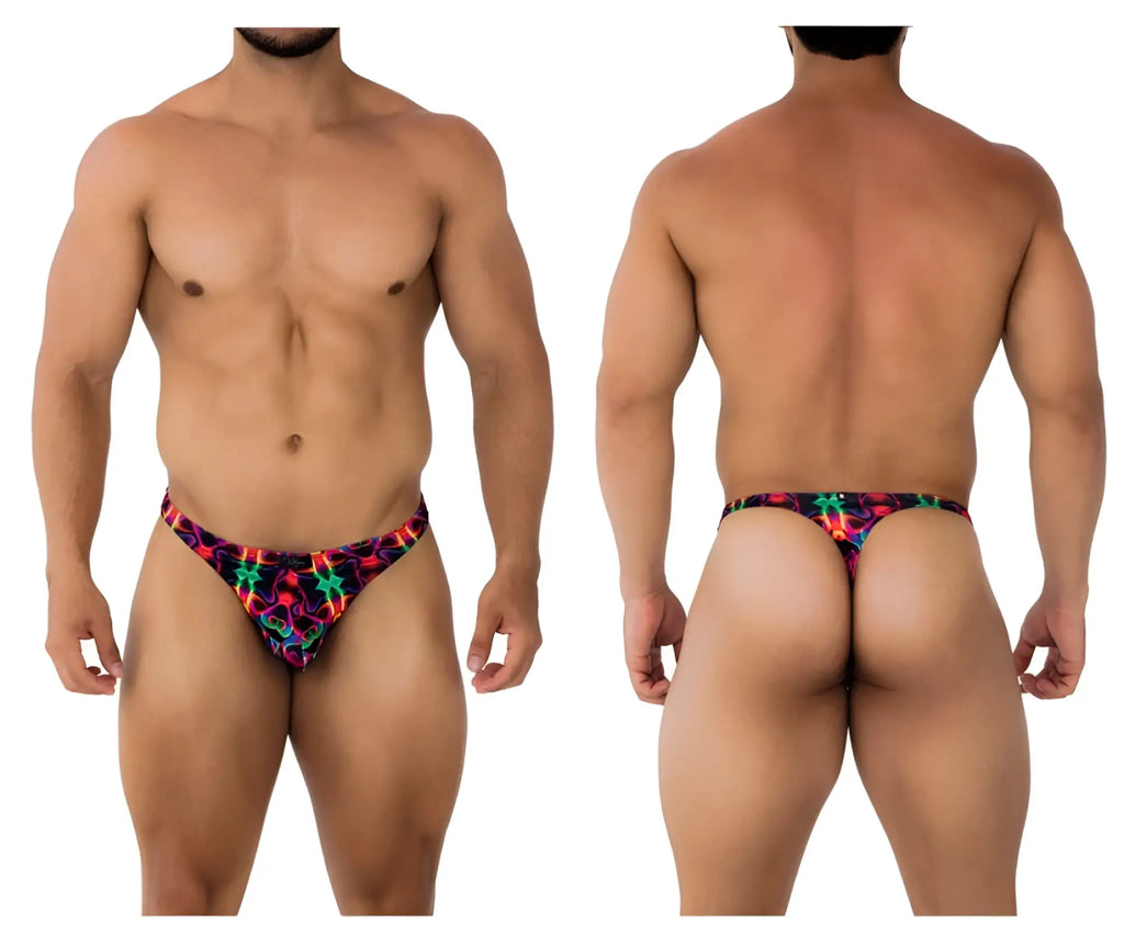 Xtremen 91171 printed thongs color bows vibrant neon-patterned men’s briefs with bold red green blue and purple geometric design
