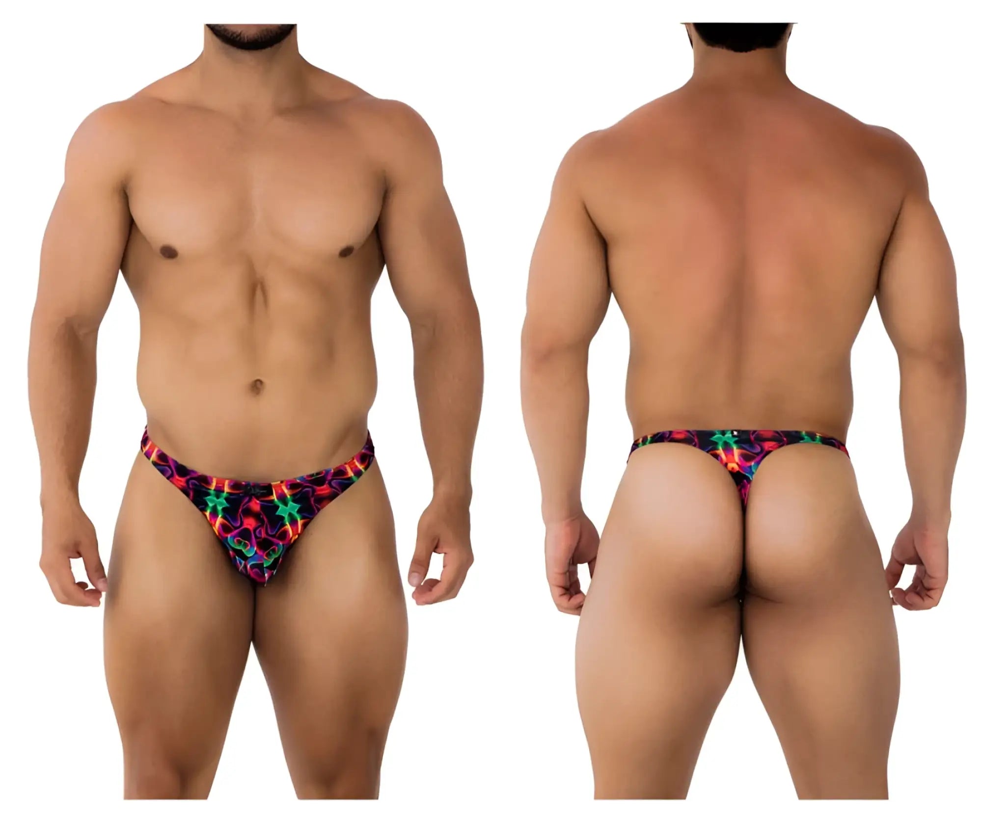 Xtremen 91171 printed thongs color bows vibrant neon-patterned men’s briefs with bold red green blue and purple geometric design