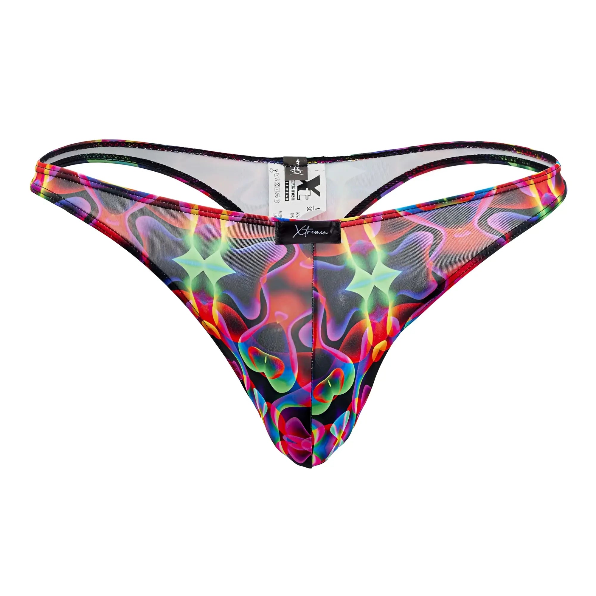 Vibrant rainbow holographic patterned Xtremen 91171 printed thong with black trim and branded tag visible