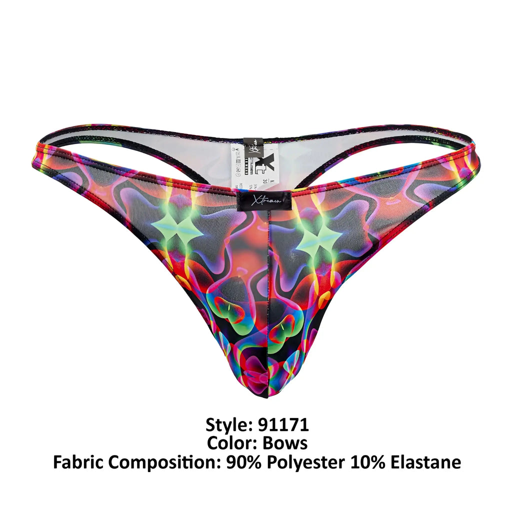 Vibrant rainbow-patterned xtremen 91171 printed thong with mesh fabric and black trim featuring color bows design