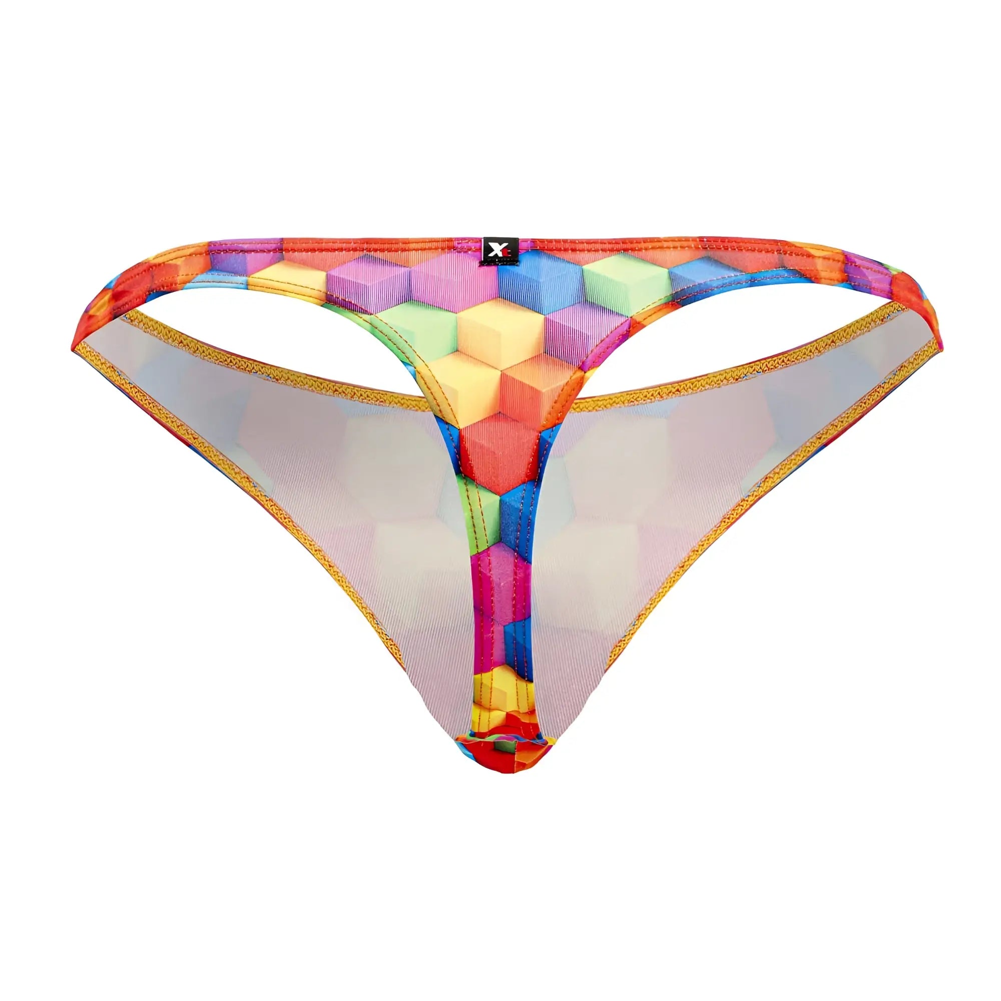 Xtremen 91171 printed thongs color cubes rainbow geometric mesh thong with vibrant hexagon design and gold-trimmed edges