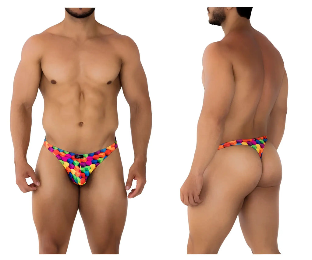 Rainbow-colored geometric-patterned men’s briefs xtremen 91171 printed thongs color cubes front view