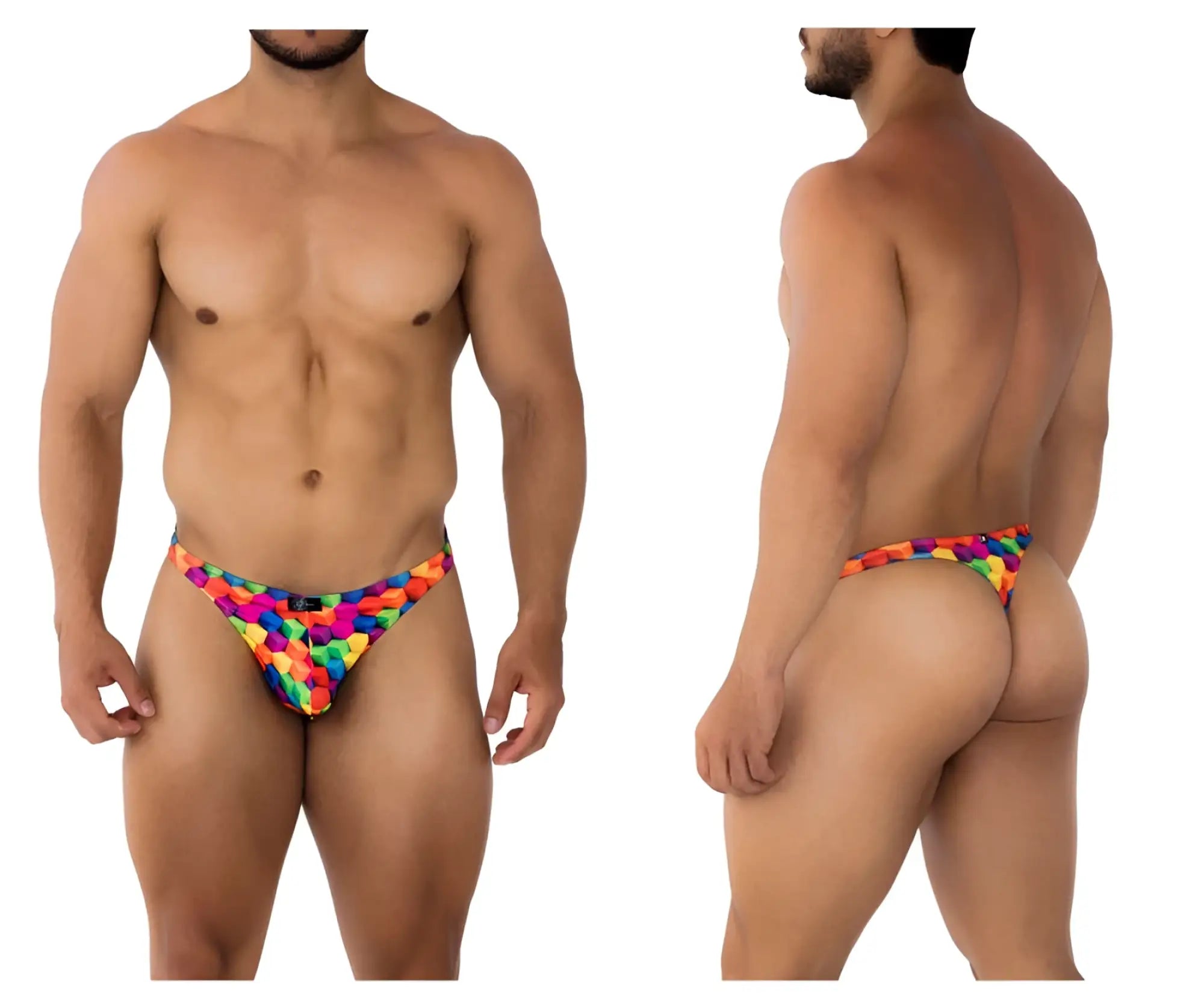 Rainbow-colored geometric-patterned men’s briefs xtremen 91171 printed thongs color cubes front view