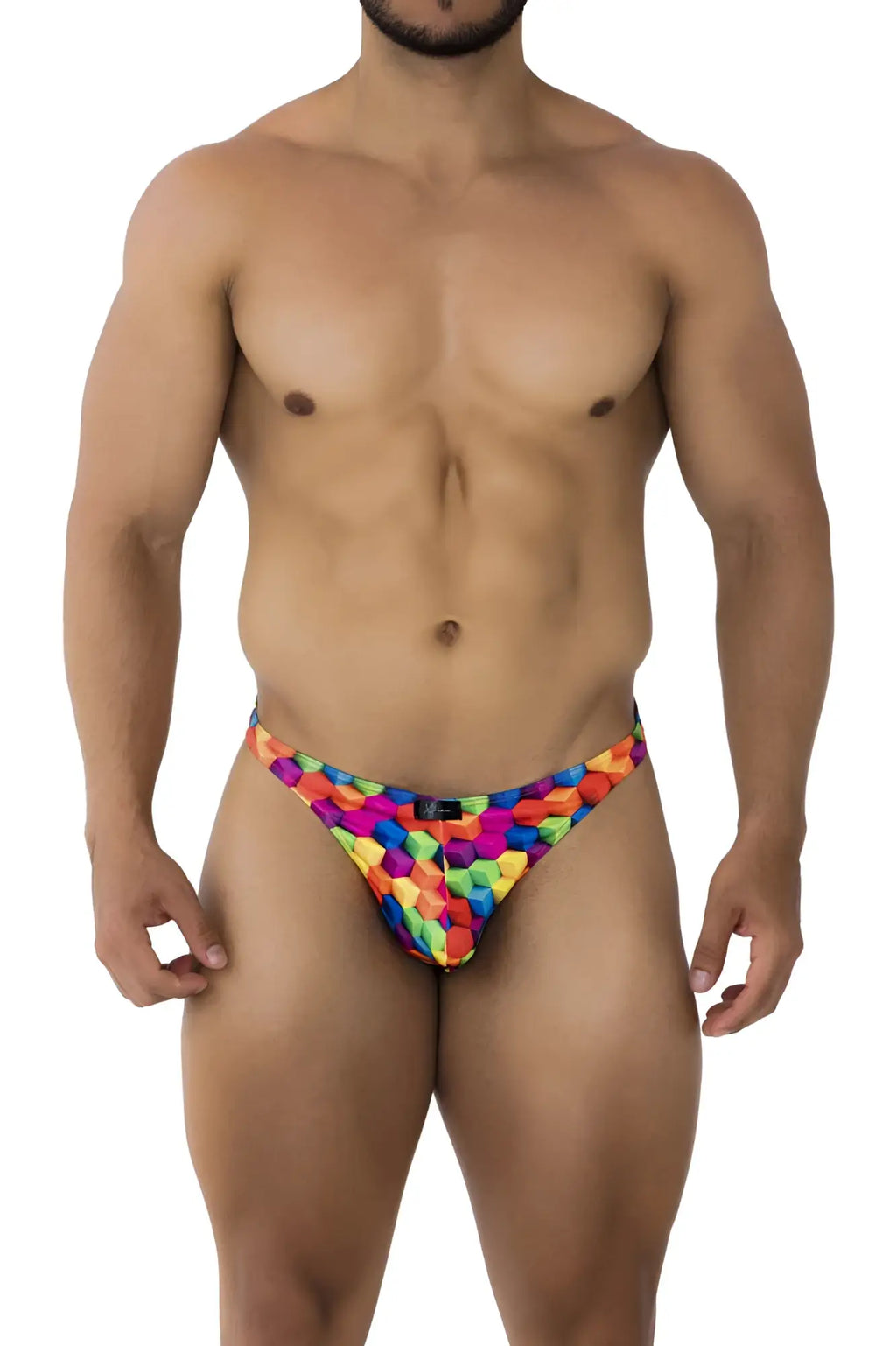 Xtremen 91171 printed thongs vibrant rainbow geometric pattern comfortable men’s briefs front view