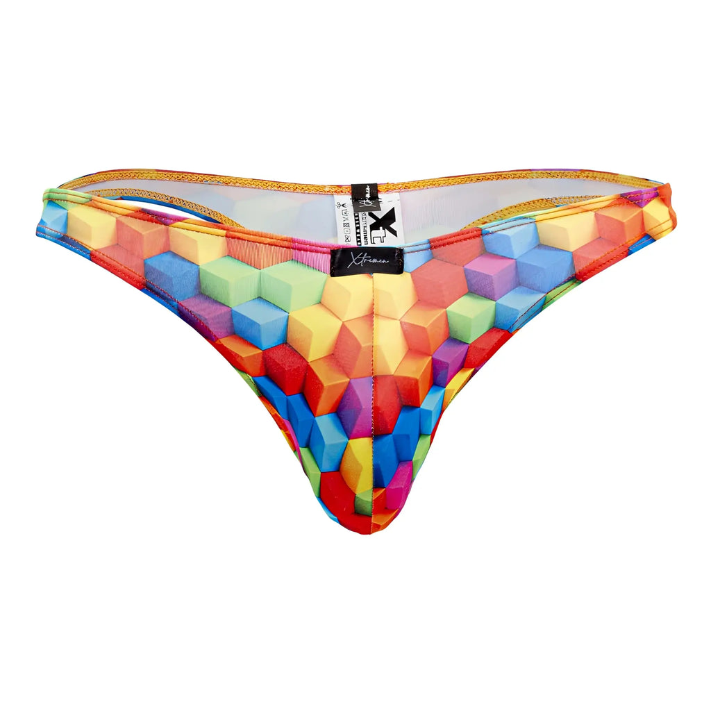 Xtremen 91171 printed thongs vibrant rainbow color cubes pattern stretchy fabric with orange waistband and branded tags
