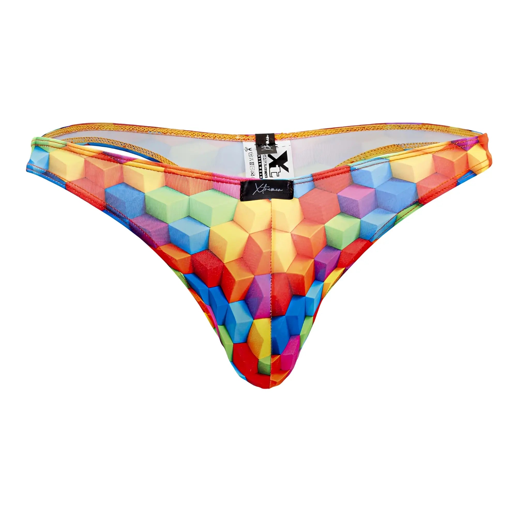 Xtremen 91171 printed thongs vibrant rainbow color cubes pattern stretchy fabric with orange waistband and branded tags