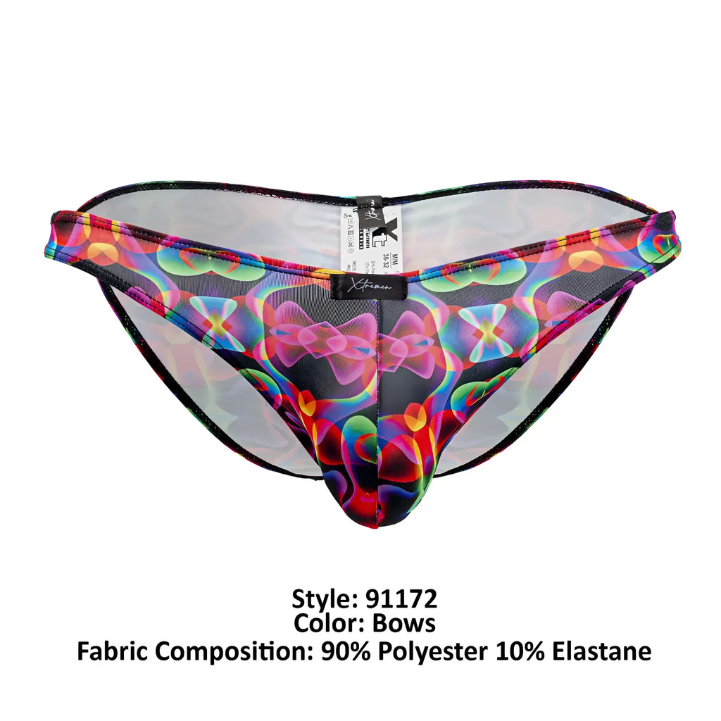 Xtremen 91172 printed bikini color bows vibrant iridescent rainbow mesh men’s briefs with black trim
