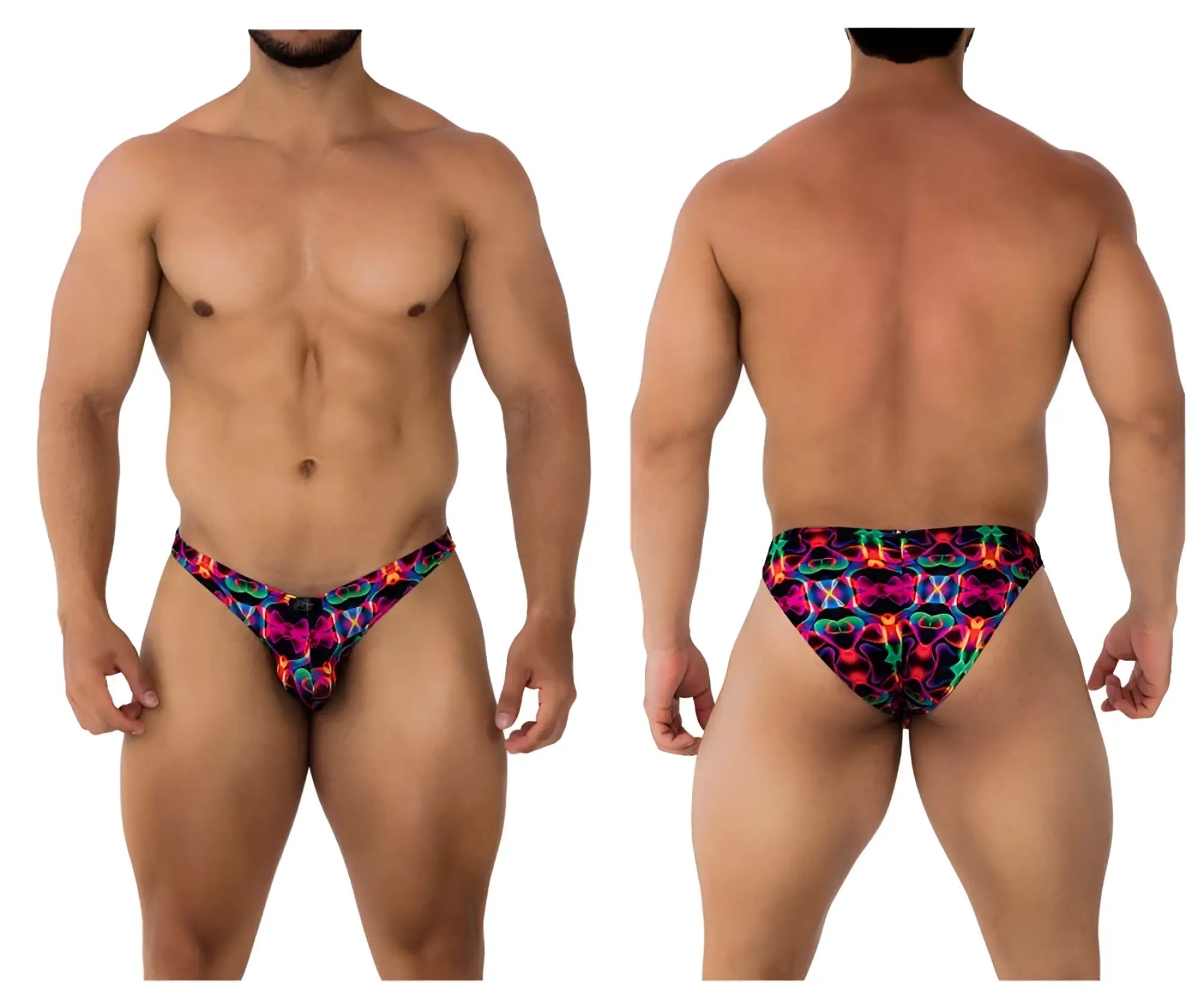 Xtremen 91172 printed bikini color bows vibrant neon patterned men’s swim trunks with bold pink blue green and purple design