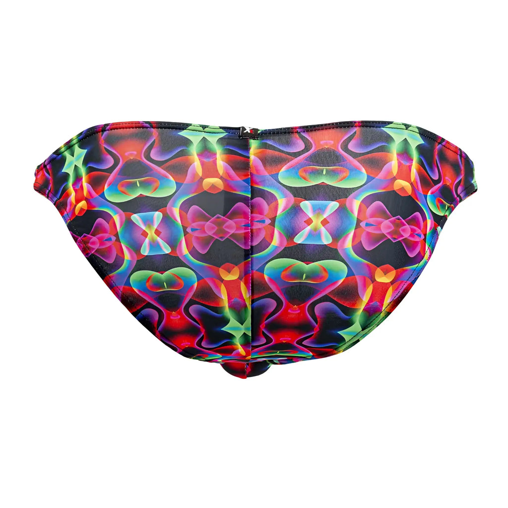 Xtremen 91172 printed bikini bottom with vibrant psychedelic neon pattern on black base with color bows design