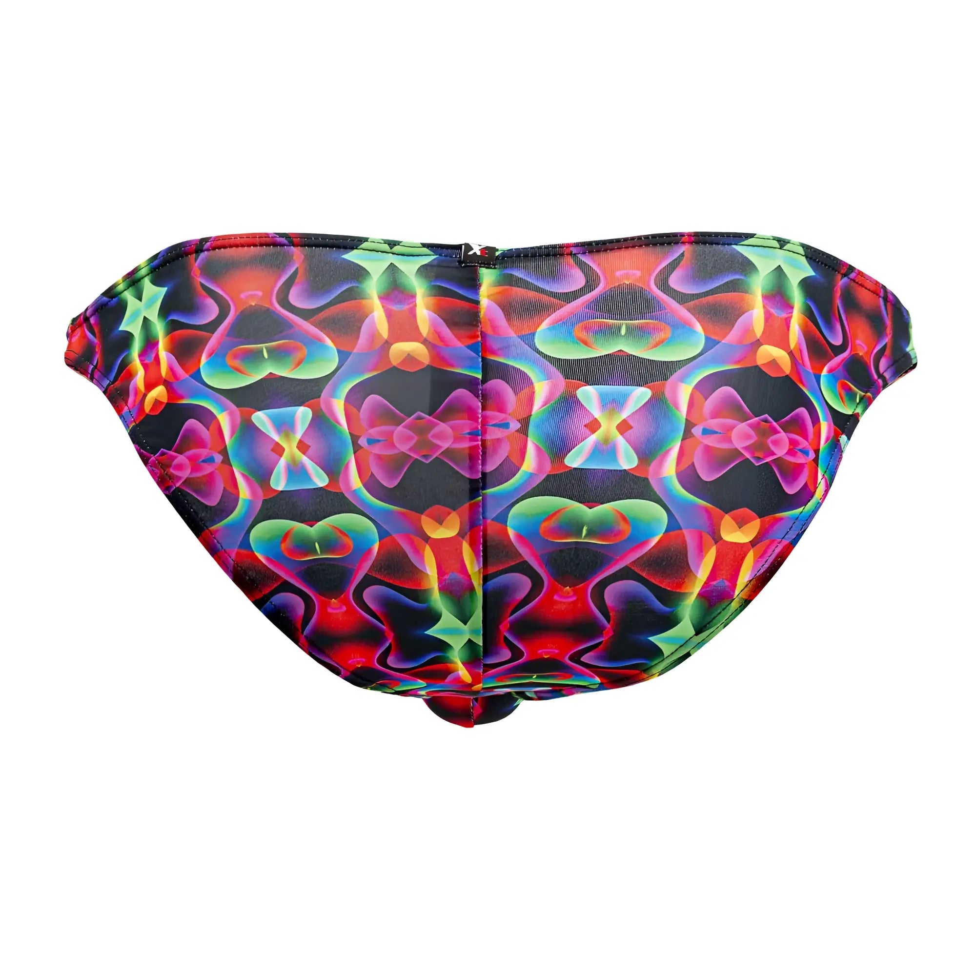 Xtremen 91172 printed bikini bottom with vibrant psychedelic neon pattern on black base with color bows design