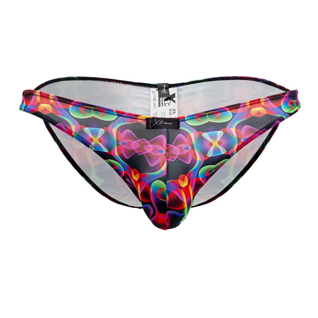 Xtremen 91172 printed bikini briefs featuring vibrant rainbow-colored abstract mesh with black trim and branded tag