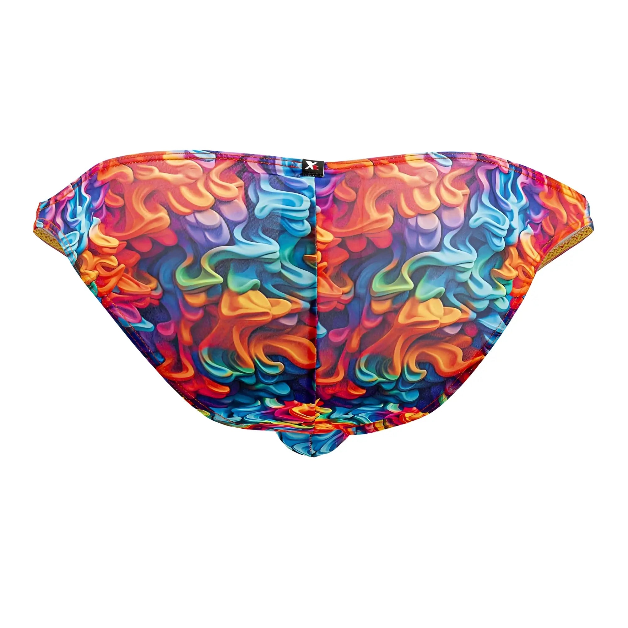 Xtremen 91172 printed bikini color fire swim briefs with vibrant multicolored swirl pattern and mesh-like texture