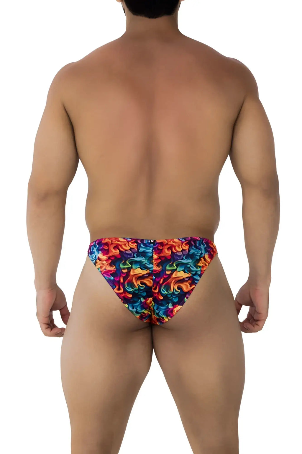 Xtremen 91172 printed bikini swim trunks with vibrant multicolored flame pattern and bold eye-catching design