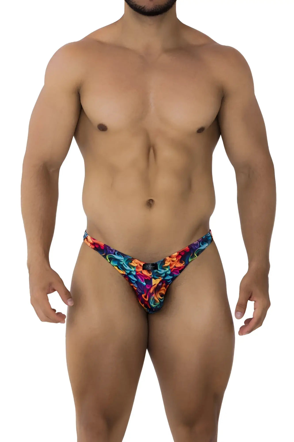 Vibrant multicolored floral-patterned thong in stretchy fabric from Xtremen 91172 printed bikini color fire collection