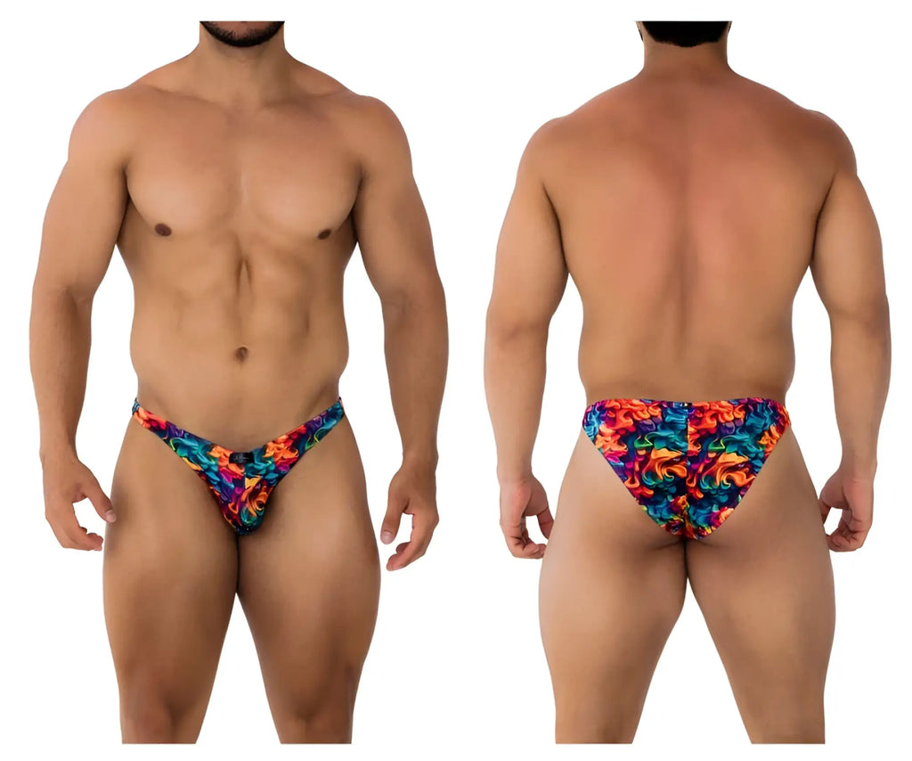 Vibrant xtremen 91172 printed bikini color fire swim trunks with a swirling blue orange and red abstract pattern