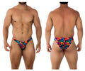 Vibrant xtremen 91172 printed bikini color fire swim trunks with a swirling blue orange and red abstract pattern