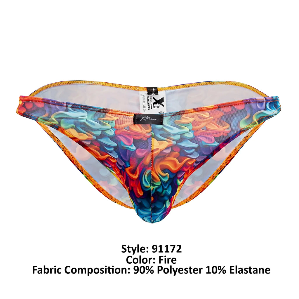 Xtremen 91172 printed bikini mesh briefs with vibrant rainbow colors swirling abstract pattern and orange trim