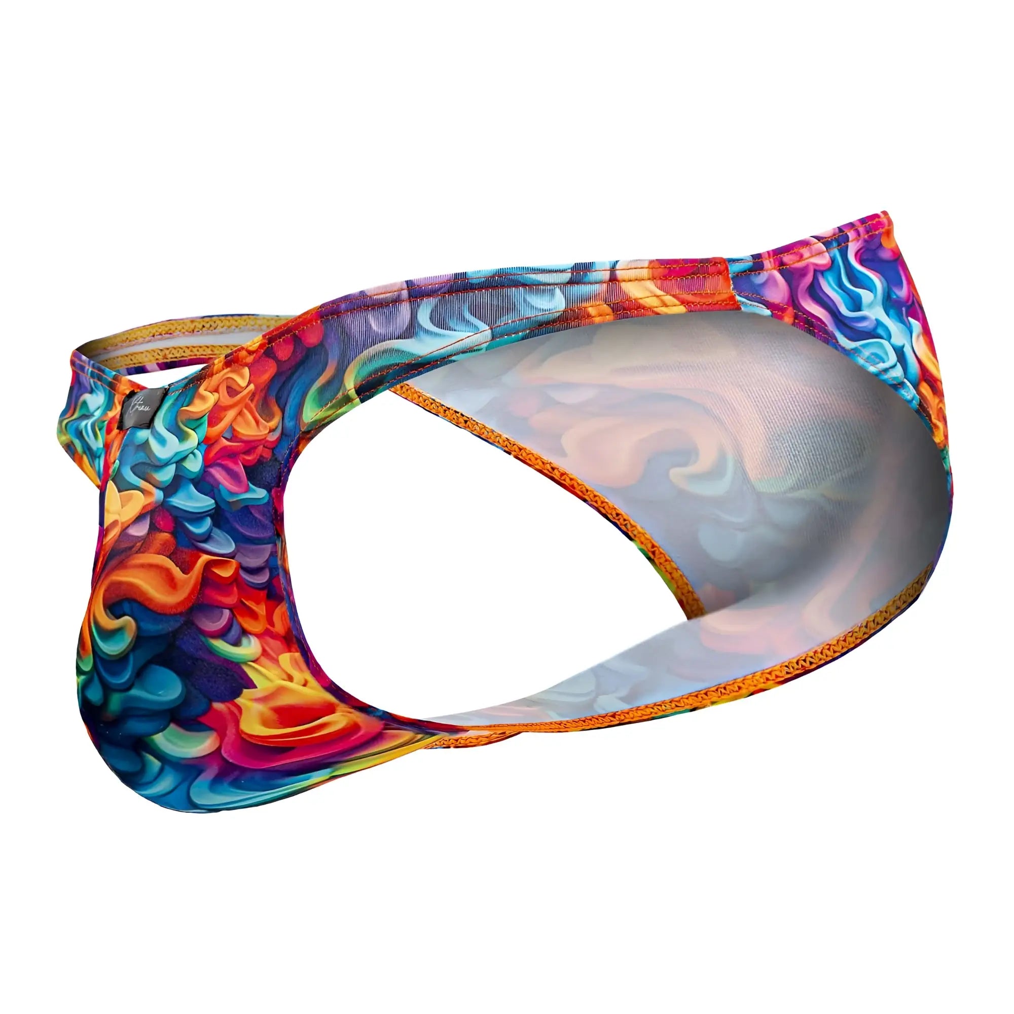 Xtremen 91172 printed bikini color fire vibrant rainbow swim trunks with swirling abstract pattern and orange trim