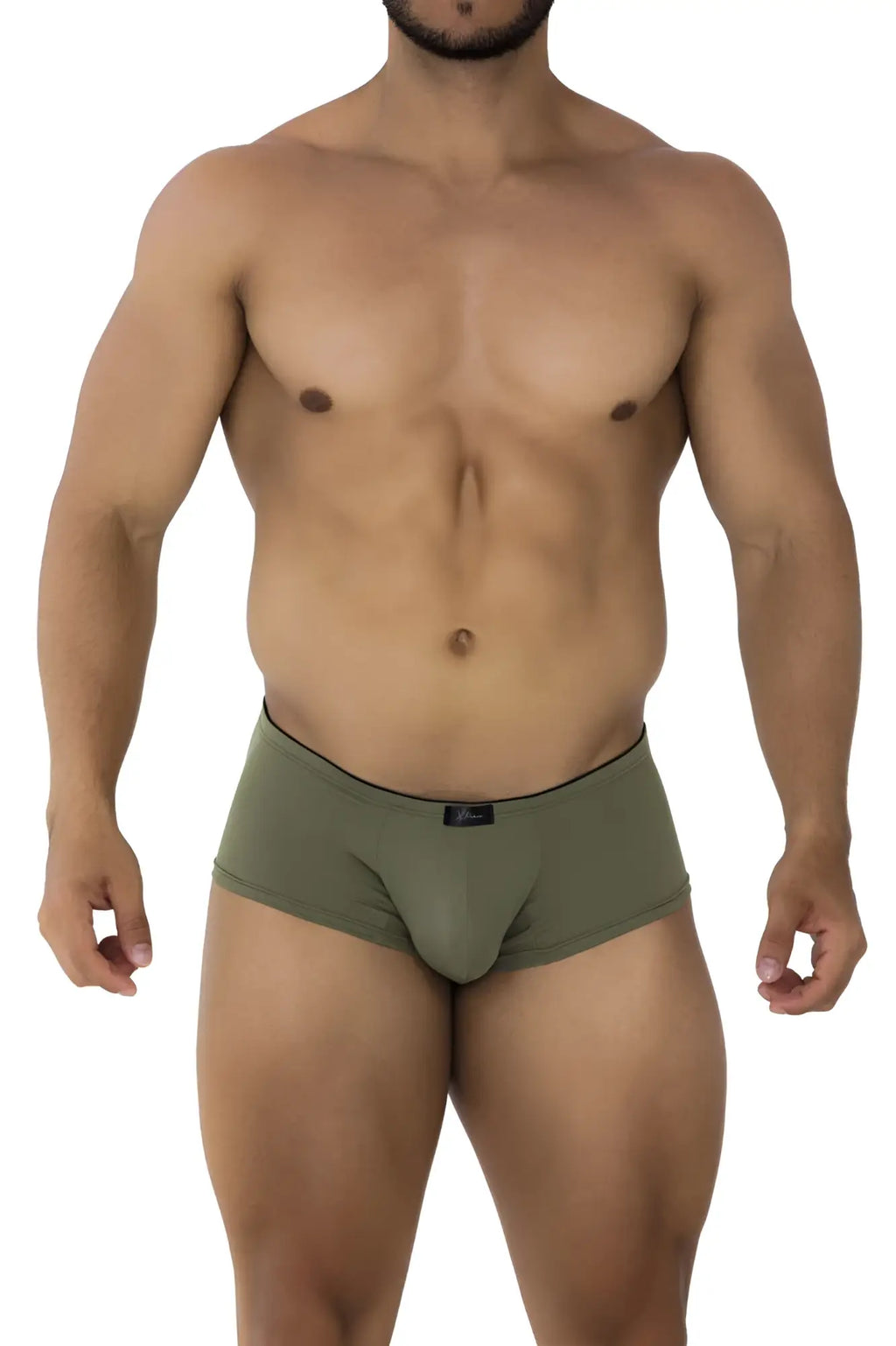 Olive green xtremen 91175 microfiber trunks briefs with black trim and small waistband logo in front view