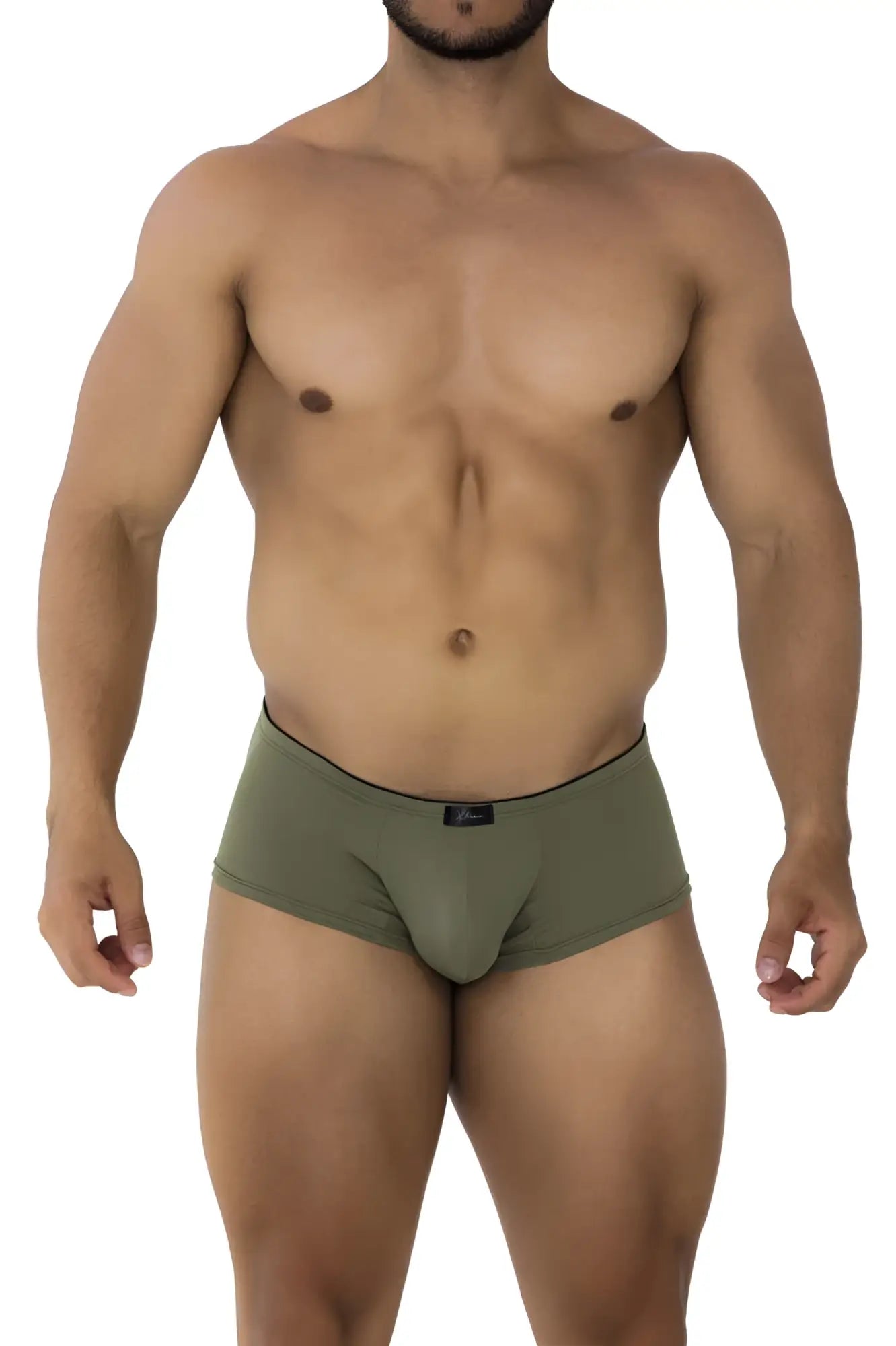 Olive green xtremen 91175 microfiber trunks briefs with black trim and small waistband logo in front view