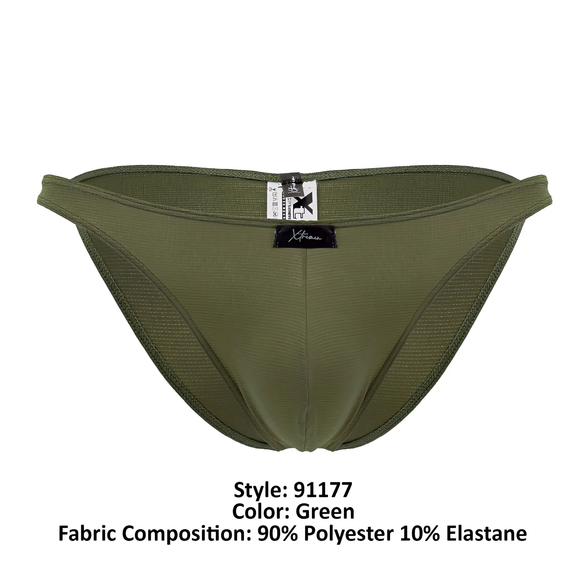 Olive green xtremen 91177 microfiber bikini athletic briefs in textured 90 polyester 10 elastane form-fitting fabric