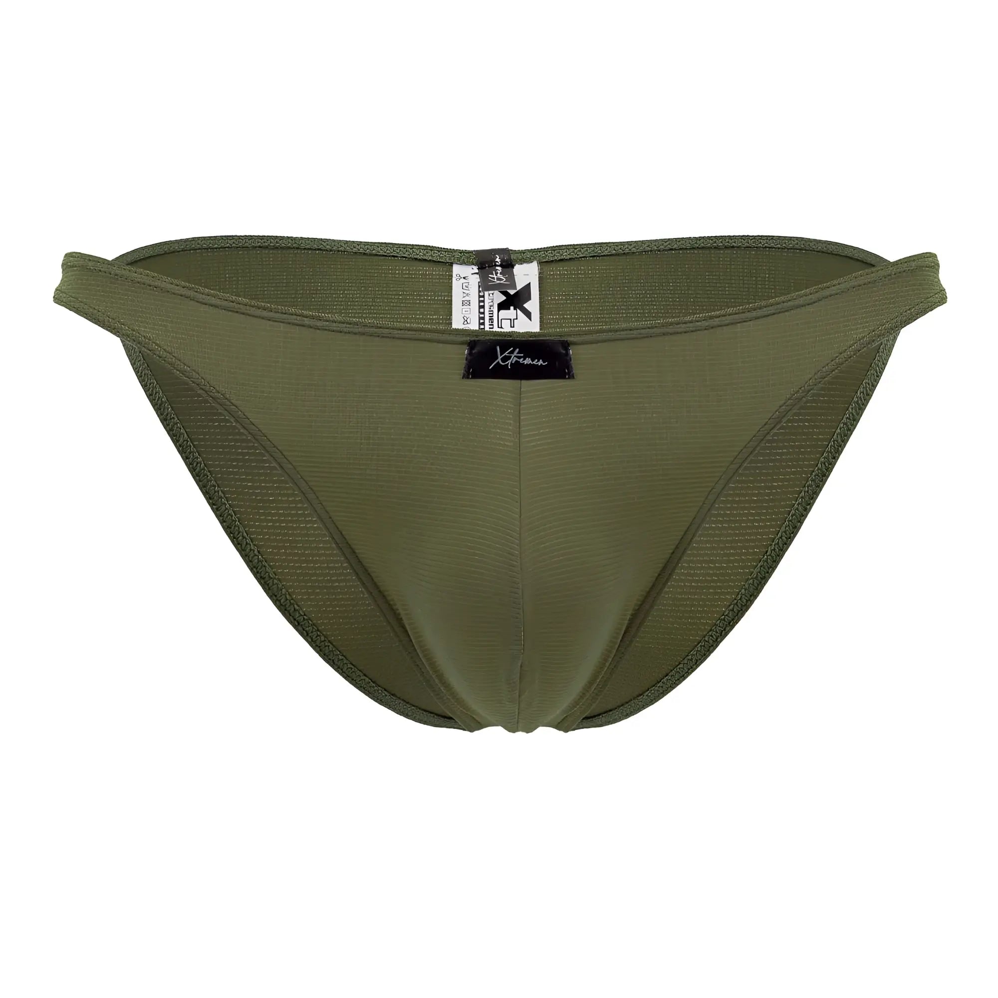 Olive green microfiber mesh briefs with black xtremen brand tag at waistband in bikini style