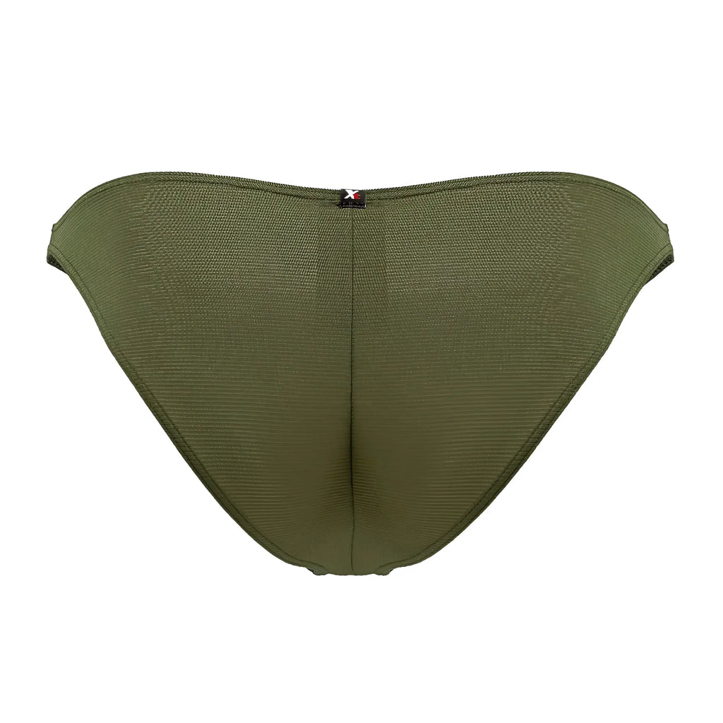 Xtremen 91177 microfiber bikini briefs in olive green textured mesh with central seam and black logo tag at waistband