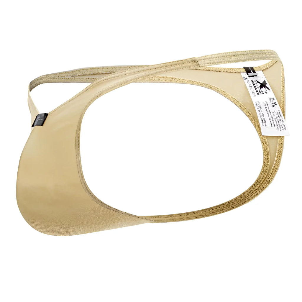 Beige xtremen 91178 microfiber men’s thong with stretchy fabric reinforced stitching and branded tag visible