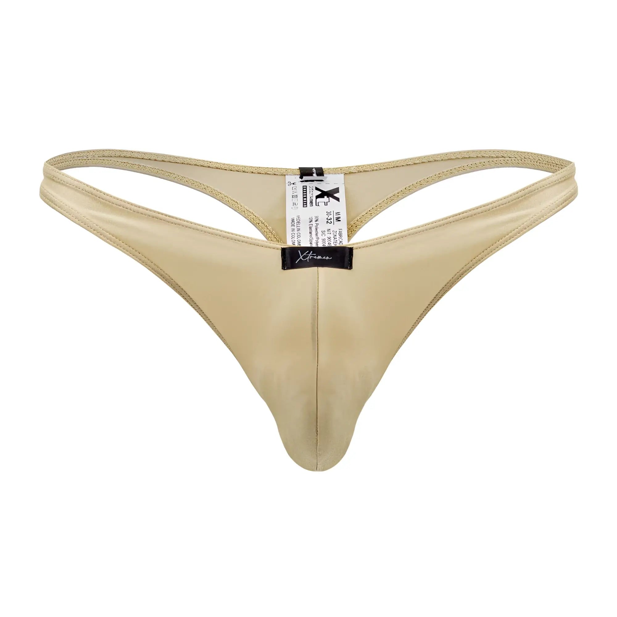 Beige satin microfiber thong with black brand tag and size label xtremen 91178 micro thong color gold