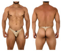 Beige xtremen 91178 microfiber thong with a small black logo on the front in gold color