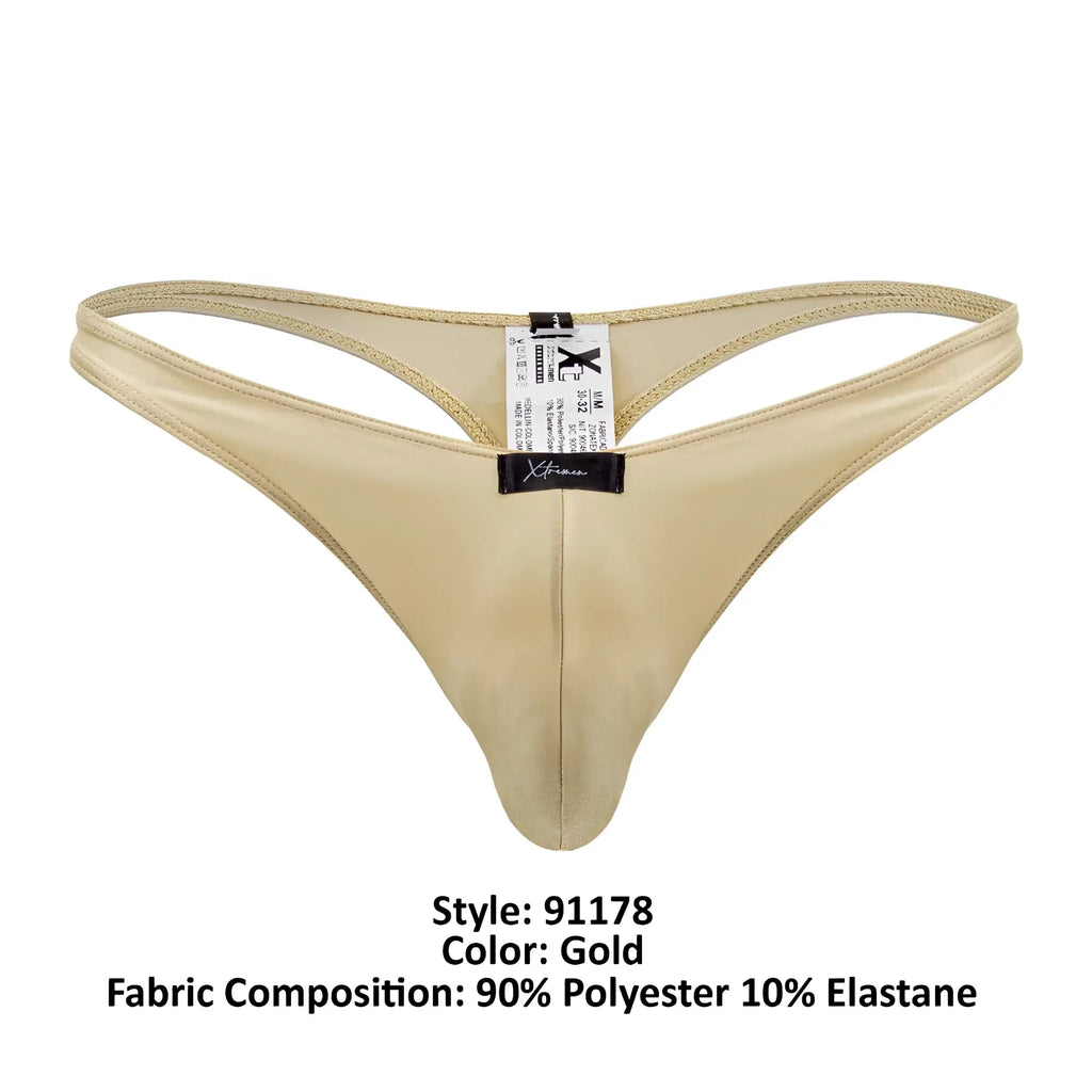 Gold-colored shiny xtremen 91178 microfiber thong with sleek design and thin straps showing the front side