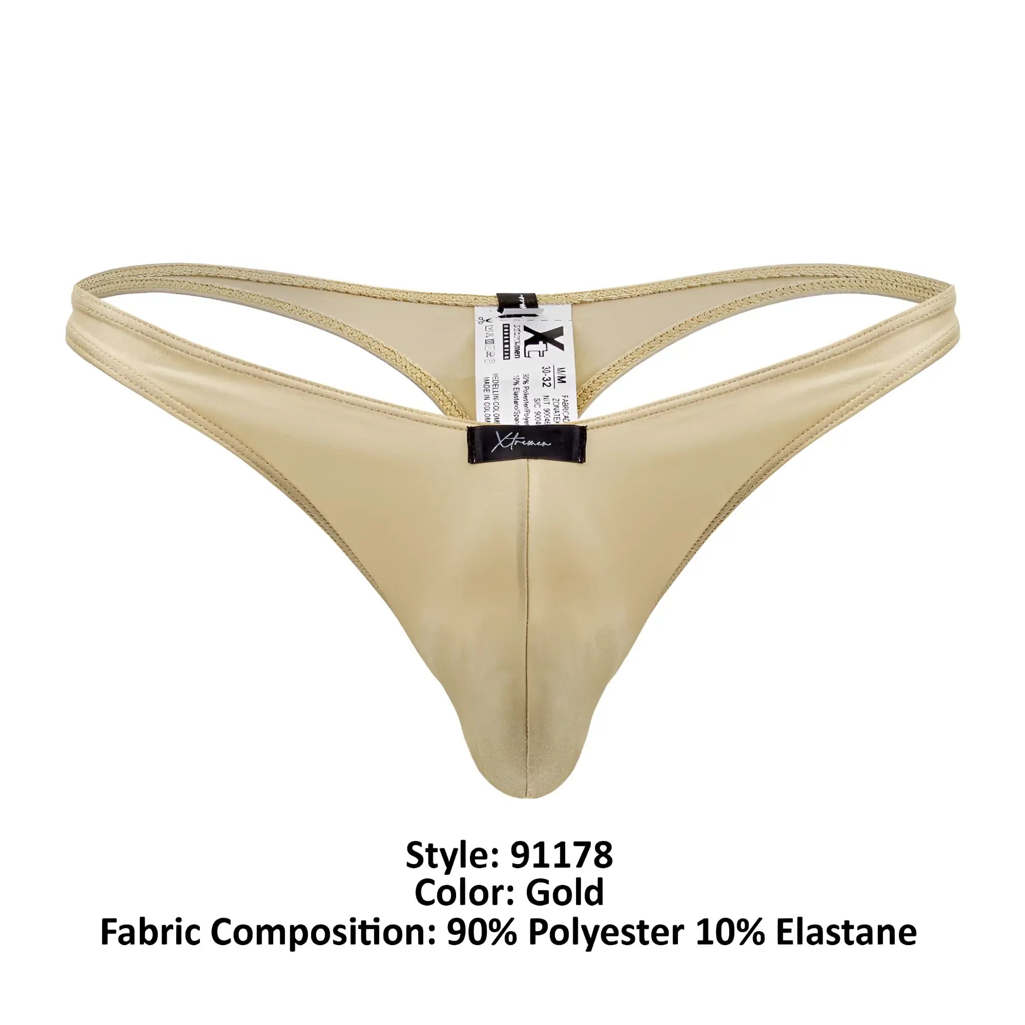 Gold-colored shiny xtremen 91178 microfiber thong with sleek design and thin straps showing the front side