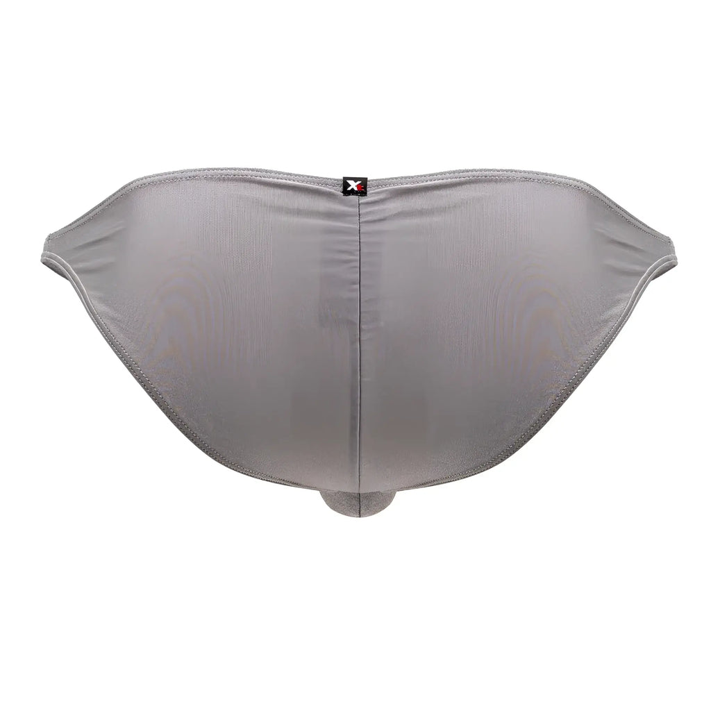 Back view of xtremen 91179 silver microfiber men’s briefs with gray metallic texture and central seam featuring black logo tag