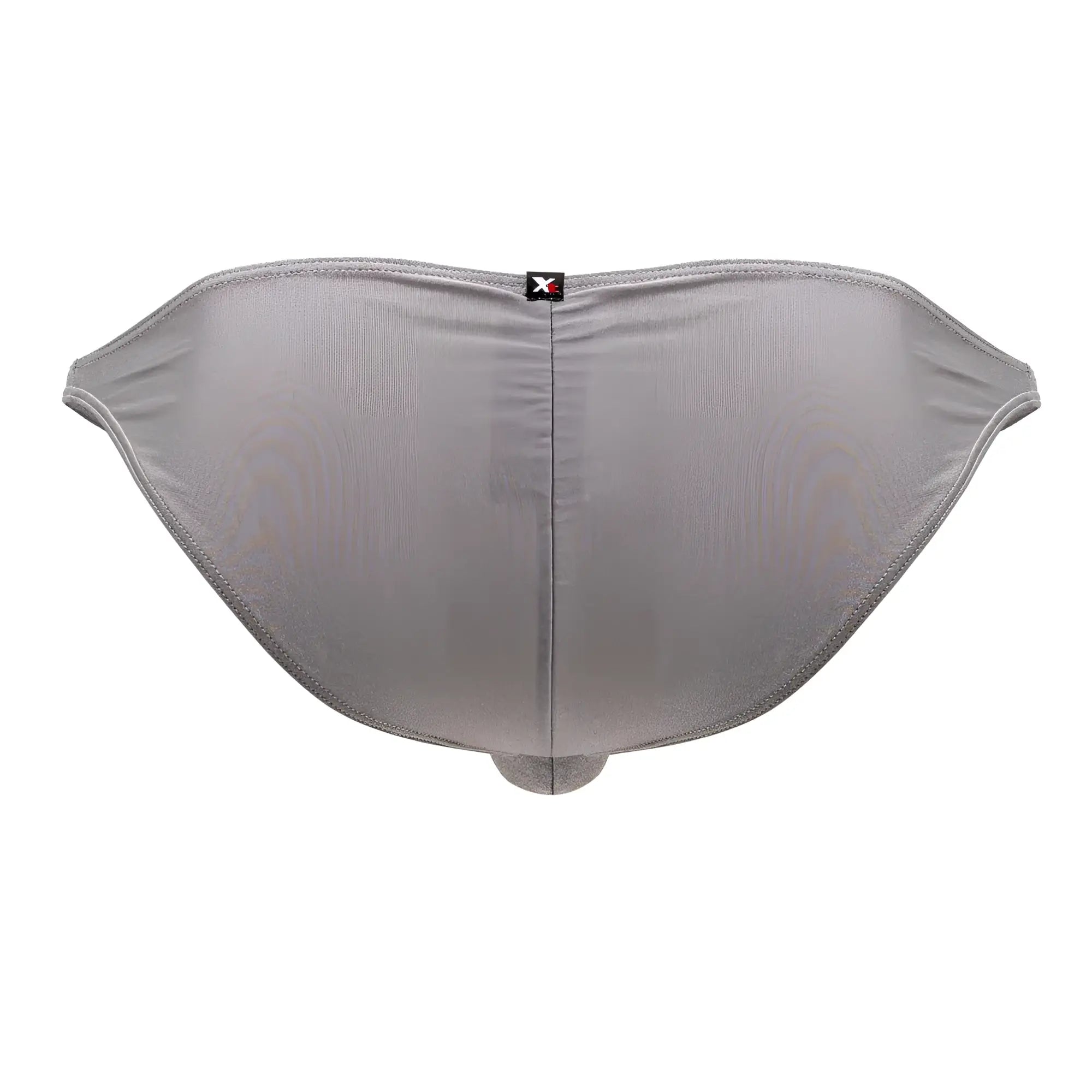 Back view of xtremen 91179 silver microfiber men’s briefs with gray metallic texture and central seam featuring black logo tag