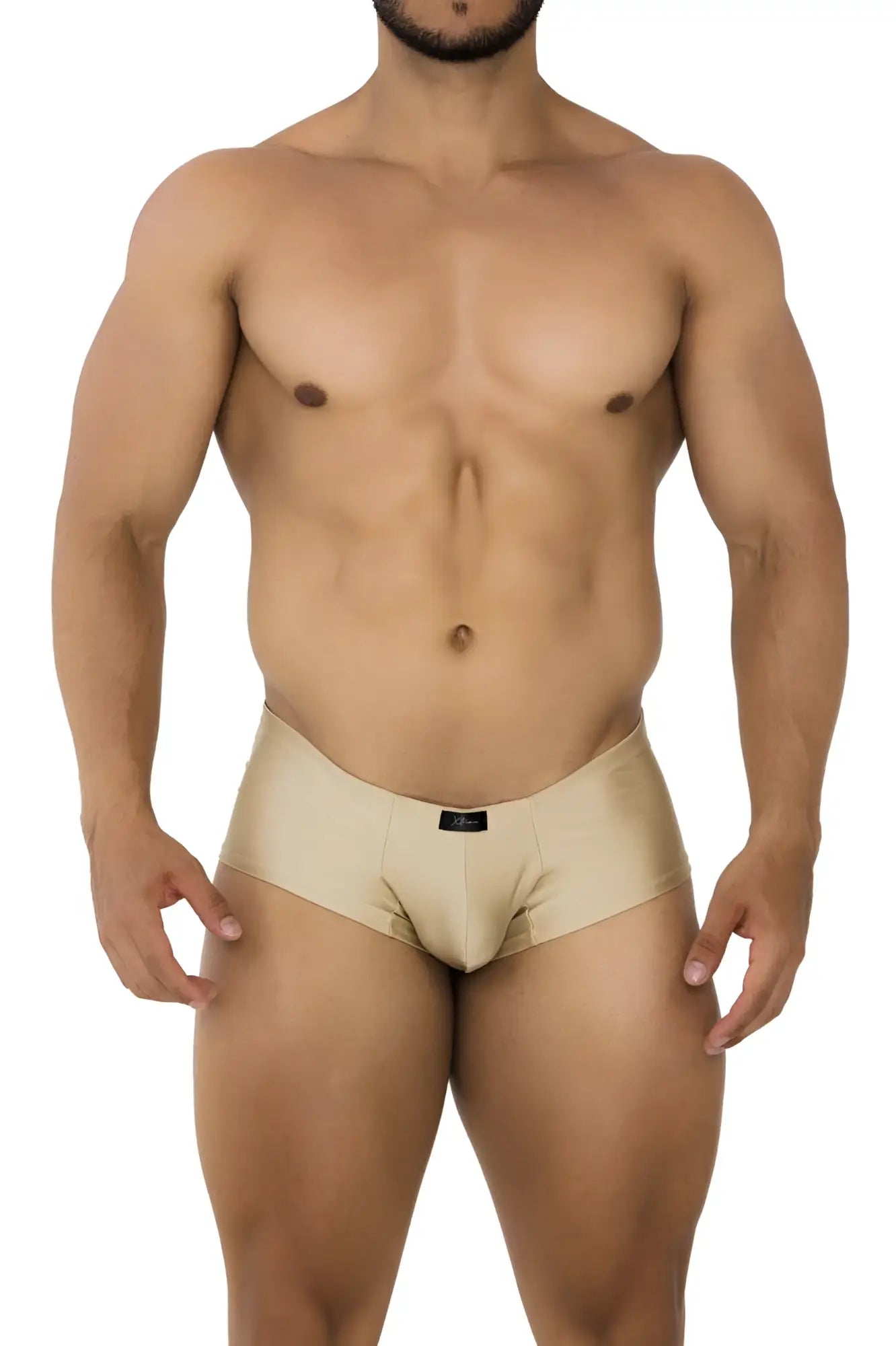 Beige satin Xtremen 91180 microfiber briefs with sleek smooth texture and small black brand tag at the waistband