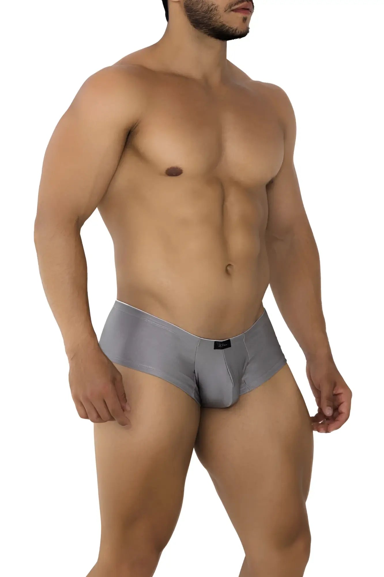 Gray form-fitting xtremen 91180 microfiber trunks in silver with smooth stretchy fabric and subtle black waistband logo