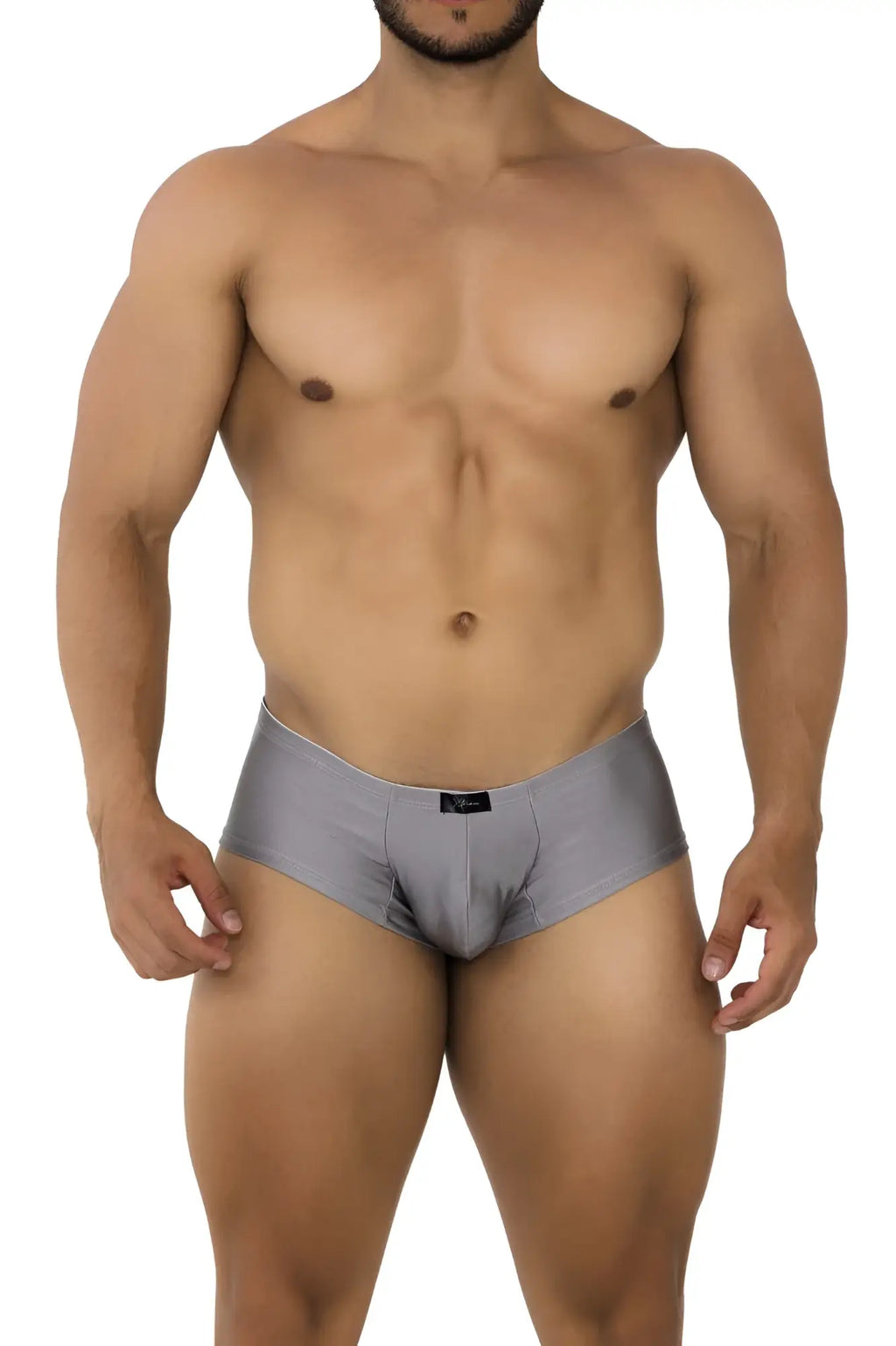 Gray silver xtremen 91180 microfiber trunks with sleek form fitting design and small black brand tag on waistband