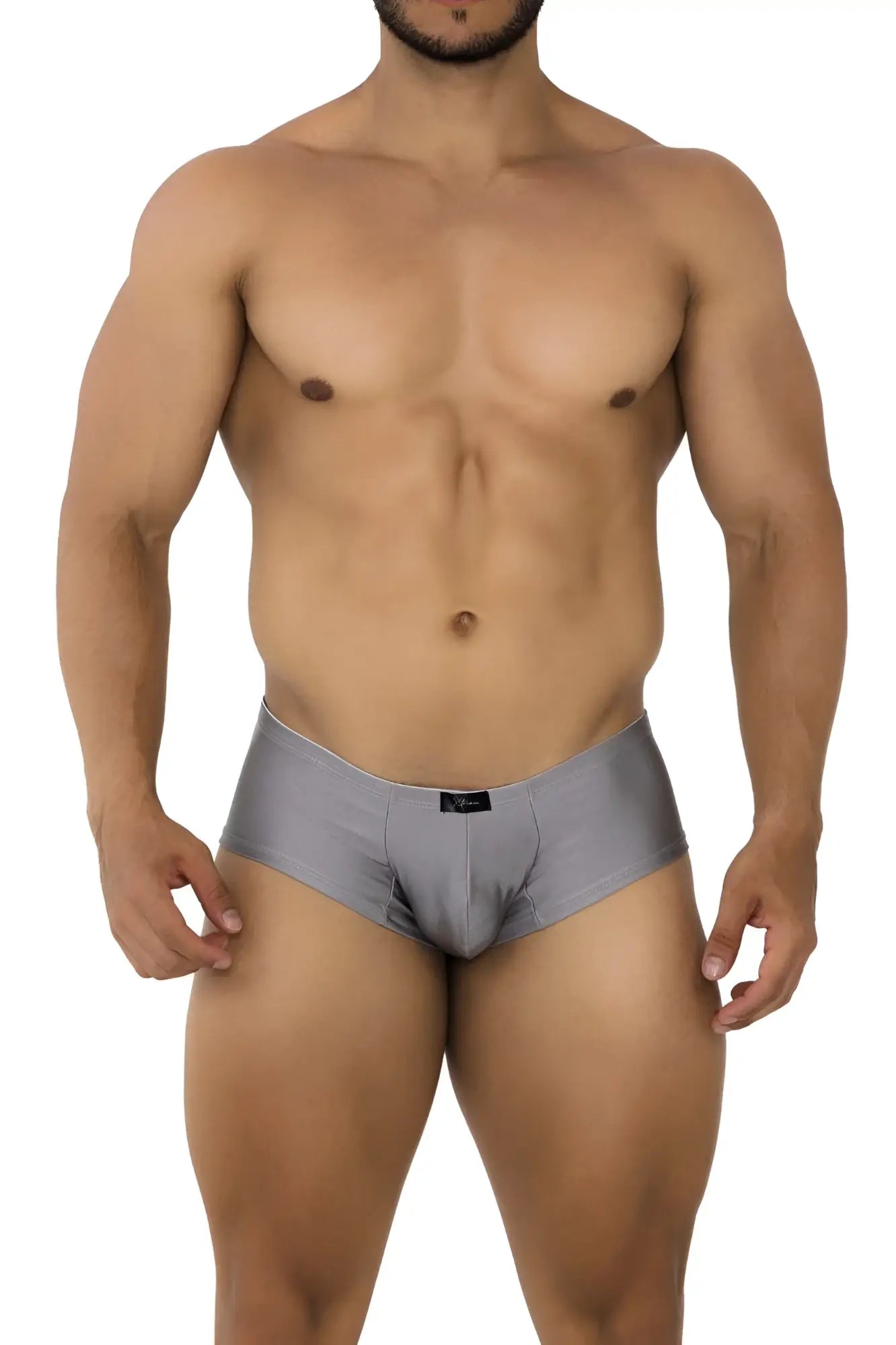 Gray silver xtremen 91180 microfiber trunks with sleek form fitting design and small black brand tag on waistband