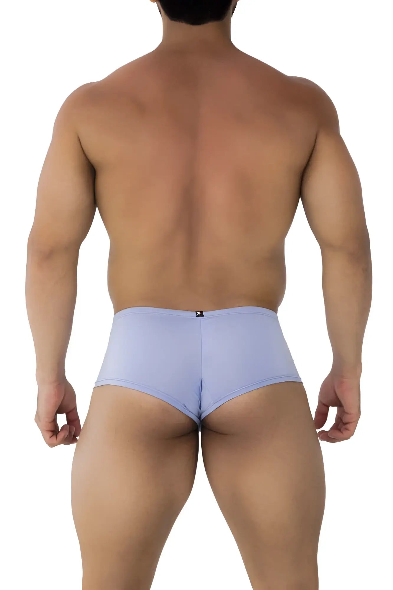 Back view of xtremen 91181 microfiber trunks in lilac showing light blue stretchy fabric and small black logo on waistband