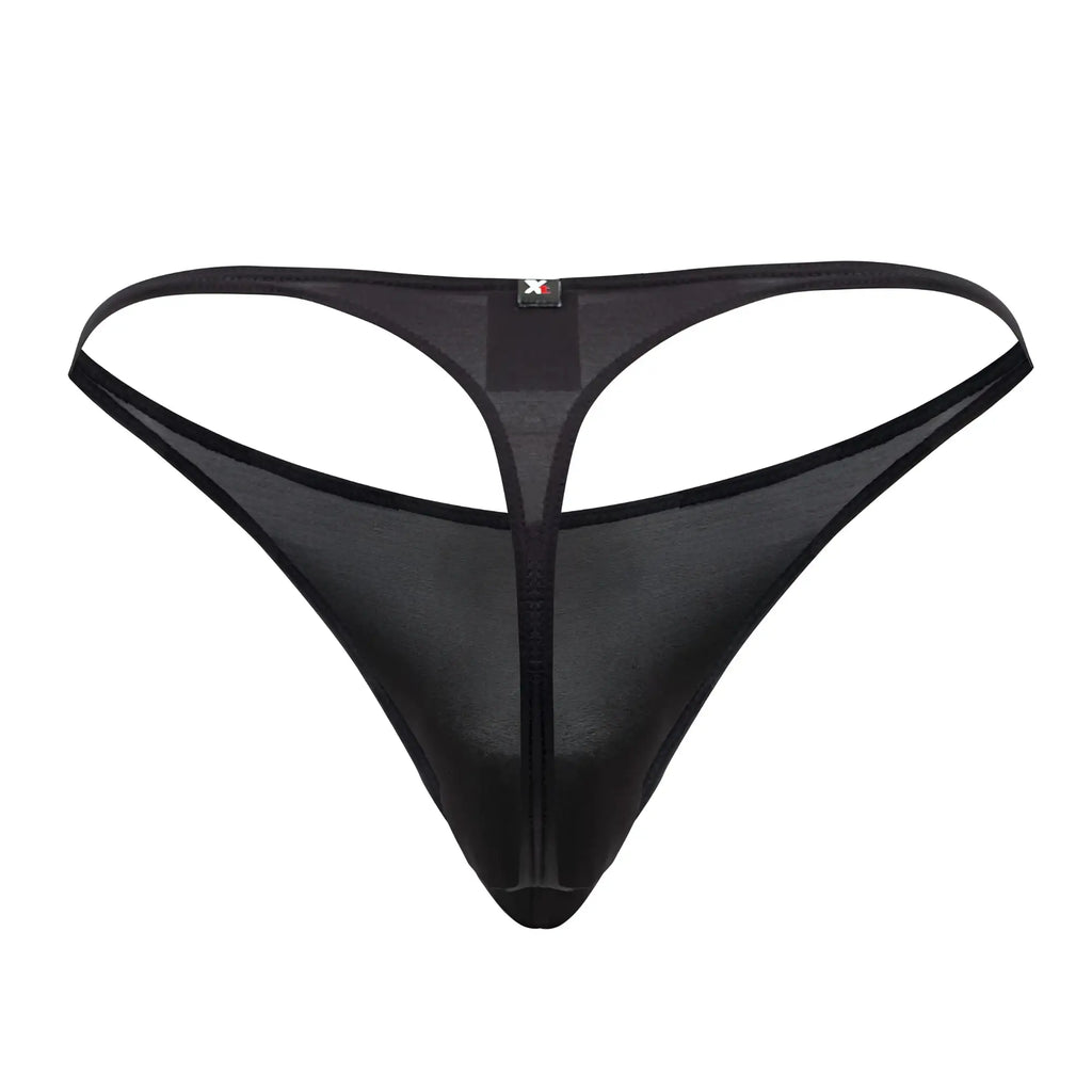Black xtremen 91182 microfiber sheer mesh thong with central zipper and thin supportive straps front view