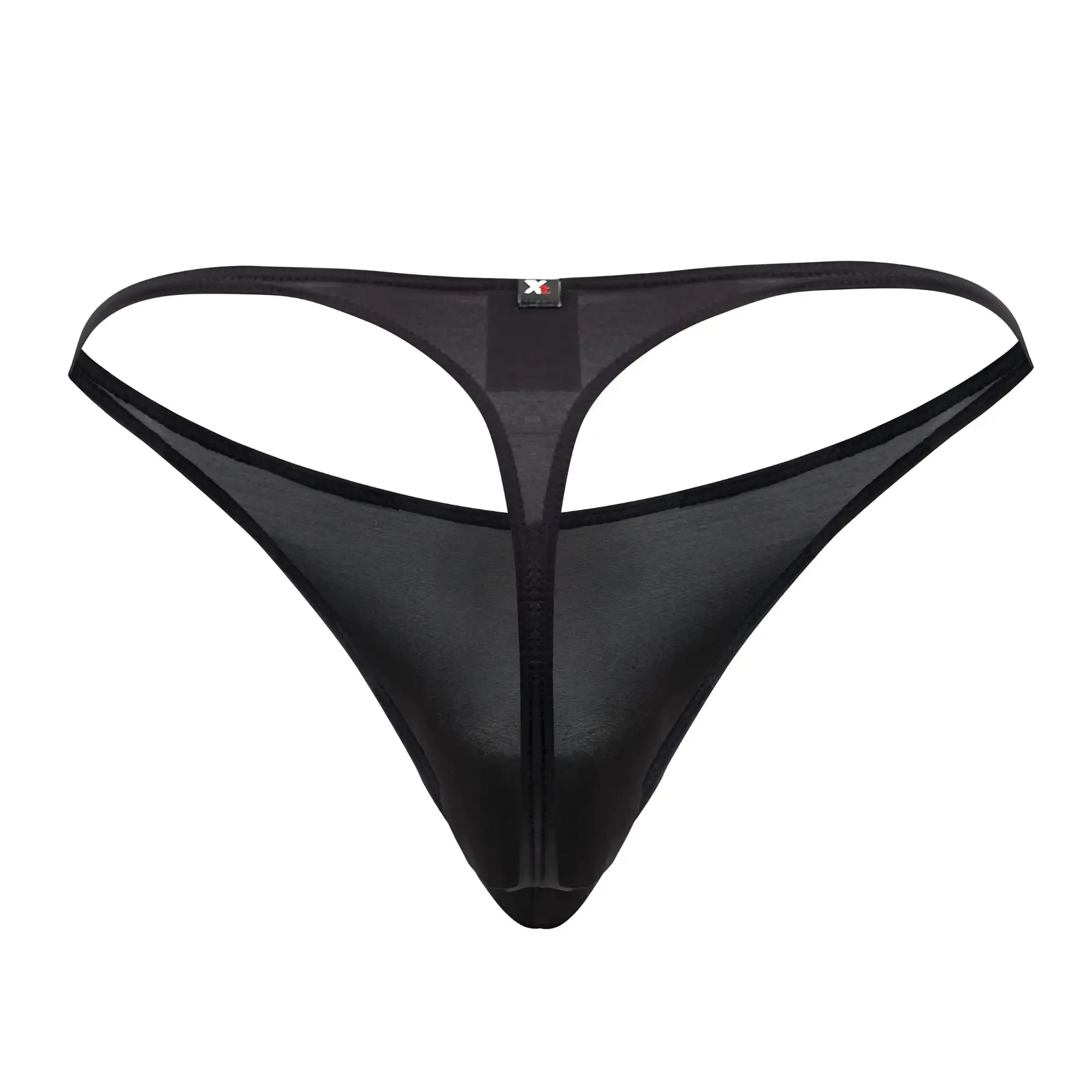 Black xtremen 91182 microfiber sheer mesh thong with central zipper and thin supportive straps front view